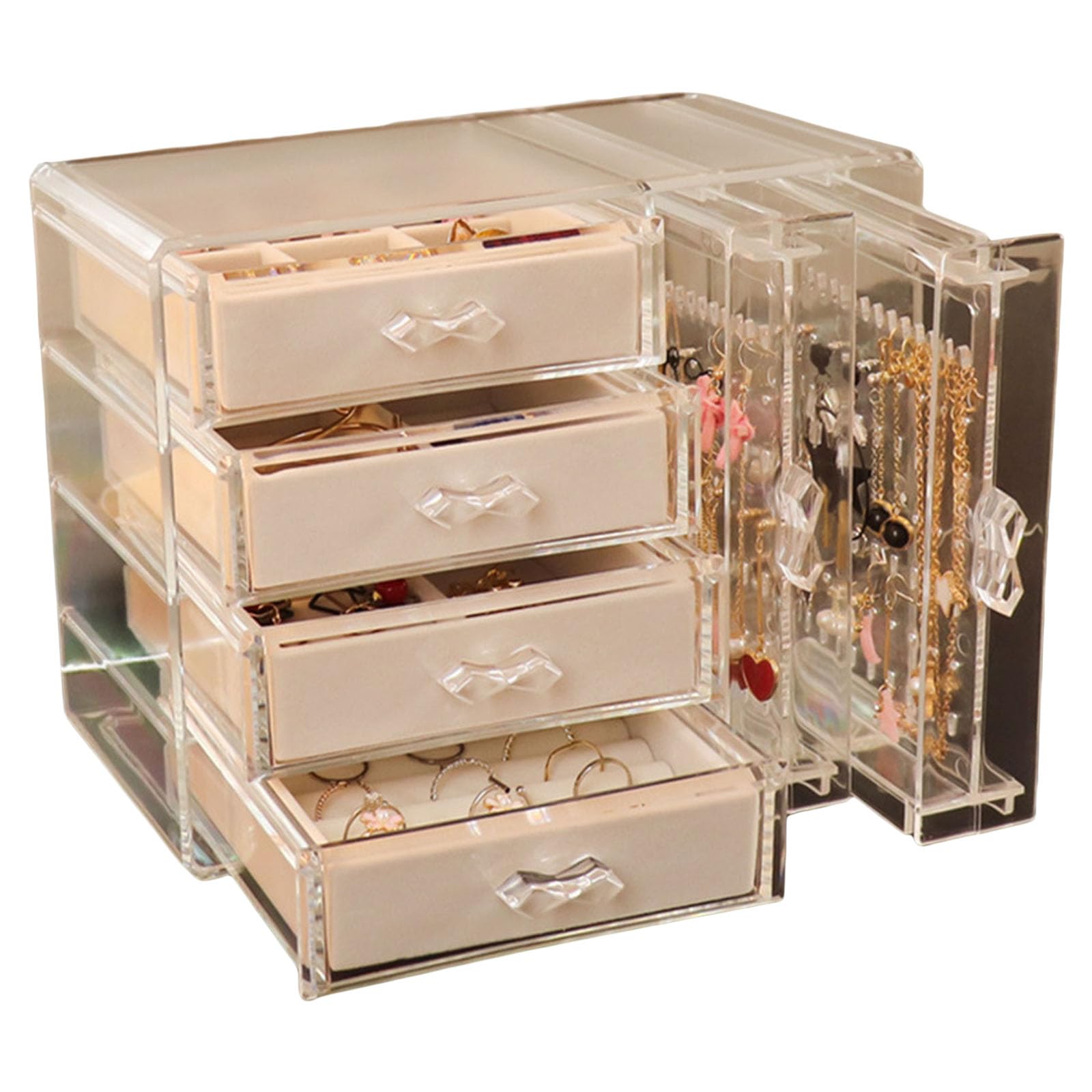 Eleganti Organizzatori Gioielli in Plastica Trasparente con Cinque Cassetti Soluzione Archiviazione Portatile per Orecchini E Accessori per Collane