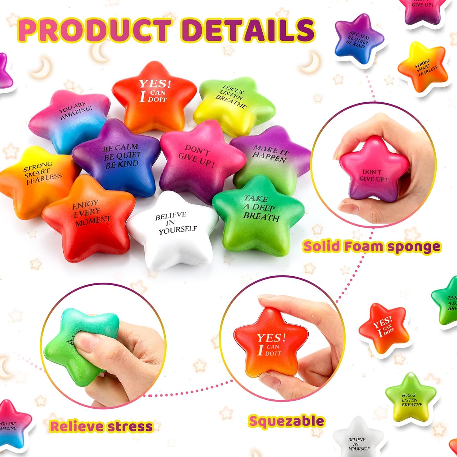 Sotiff 100 Pack Star Stress Balls Bulk for Adults Kids Stress Relief Balls with Motivational Quotes Mini Inspirational Foam Squeeze Gifts Party Favors Toys for Anger Fidget Relief(Rainbow Gradient)