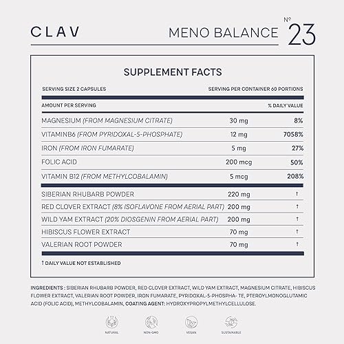 Miniatura 8 de Meno Balance - Apoyo para la menopausia - raíz de ñame salvaje, trébol rojo, ruibarbo siberiano, raíz de valeriana, polvo de hibisco, alivio de