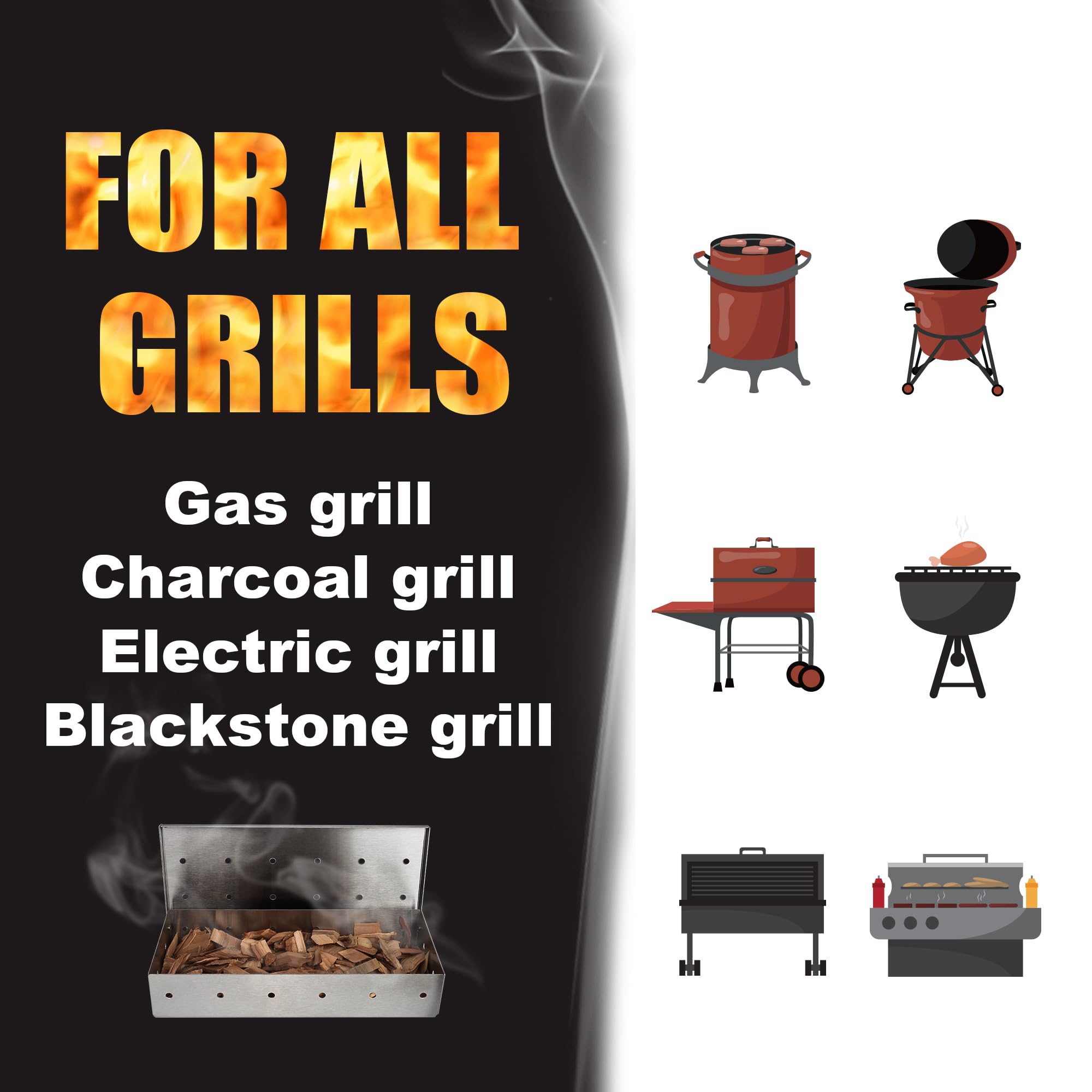 Caja de ahumador de parrilla para asar a gas y todas las parrillas, caja de ahumador de virutas de madera de acero inoxidable más gruesa, caja de ahumar, accesorios para parrilla al aire 4