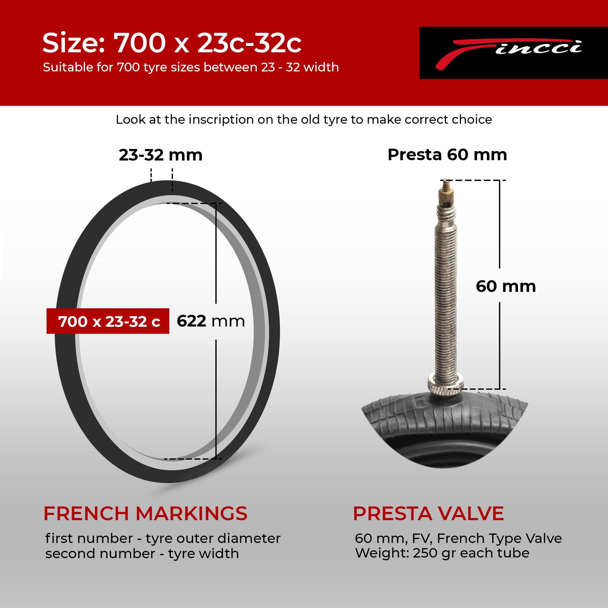 Fincci 700c x 23/25 / 28/32 Bike Tube – 60mm Presta Valve Inner Tube – Butyl Rubber – Fits Road, Hybrid & Gravel Bikes – Pack of 2