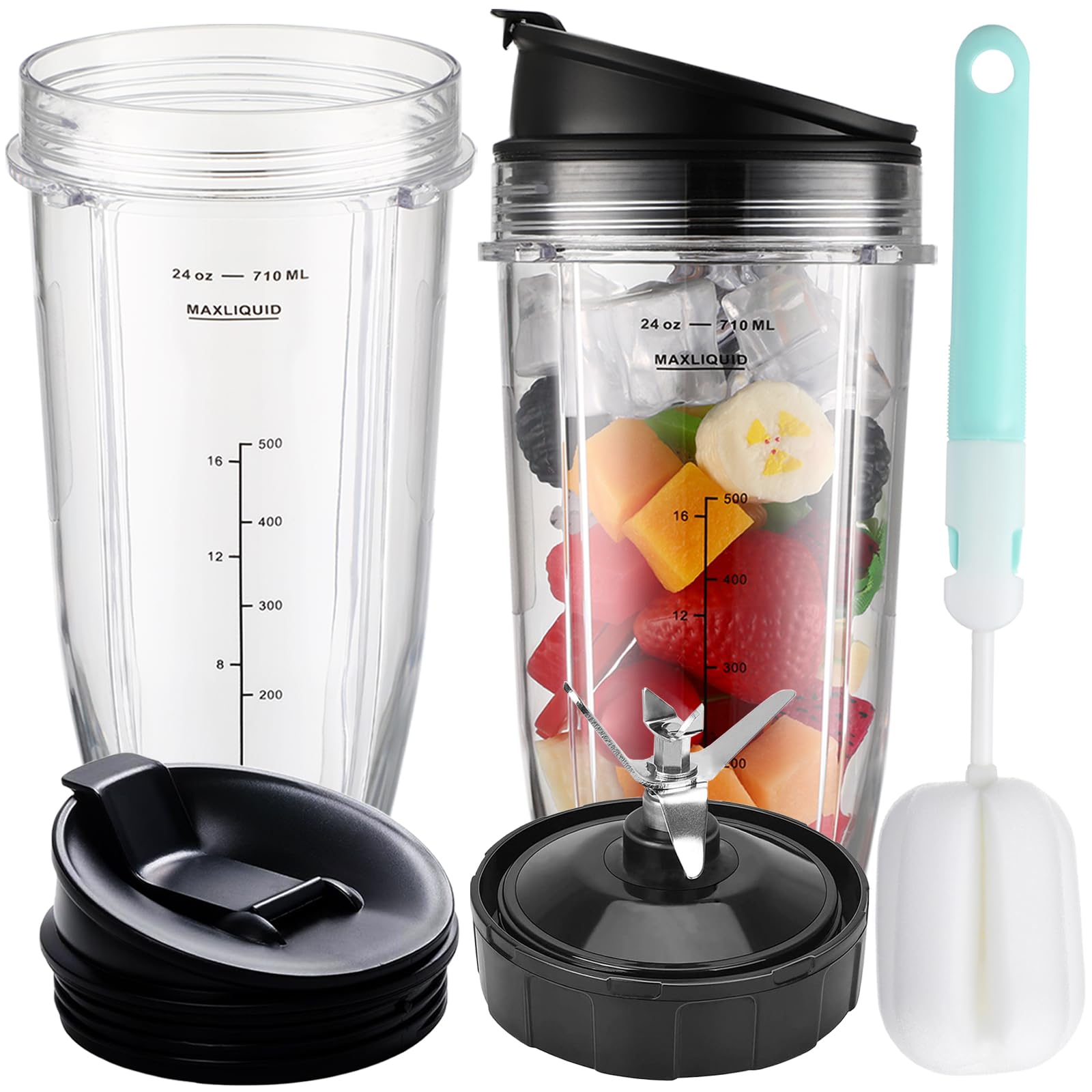 Photo 1 of [missing 1 cap] Blender Replacement Parts for Ninja, 24oz NinjavBlender Cups with To-Go Lids & 7 Fins Extractor Replacement Blade for Ninja Auto iQ Blenders BL480-30 BL642-30 BL682-30 BN401 BN751 BN801 BL2012 NN102