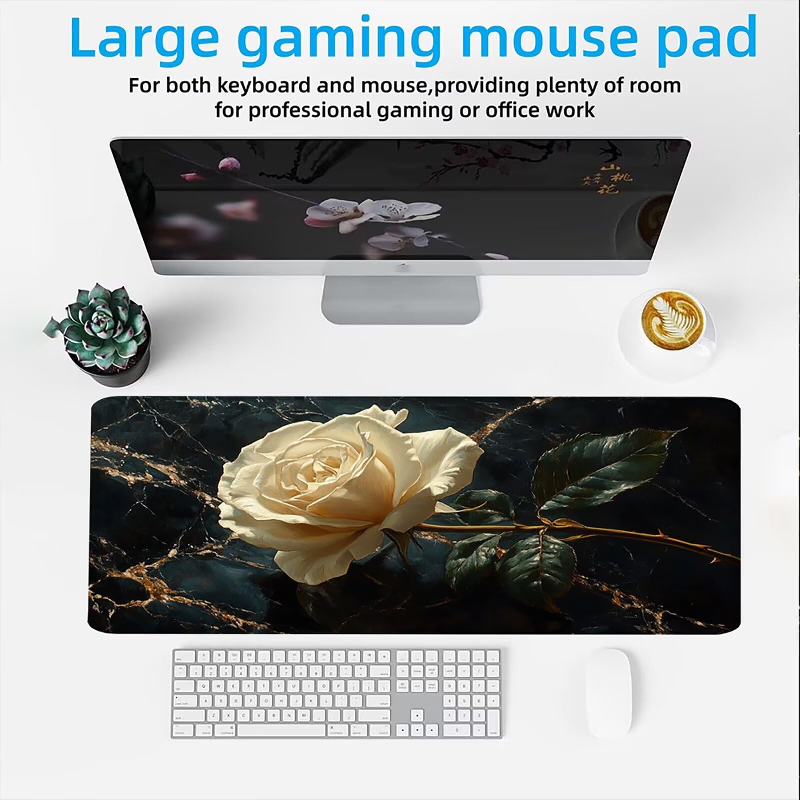Podkładka pod mysz 1200x600mm Podkładka pod mysz dla graczy, biurkowa mysz ultra cienka antypoślizgowa gumowa podstawa zmywalna ulepszona prędkość dla PC, komputera, pracy - białe róże C0P-617