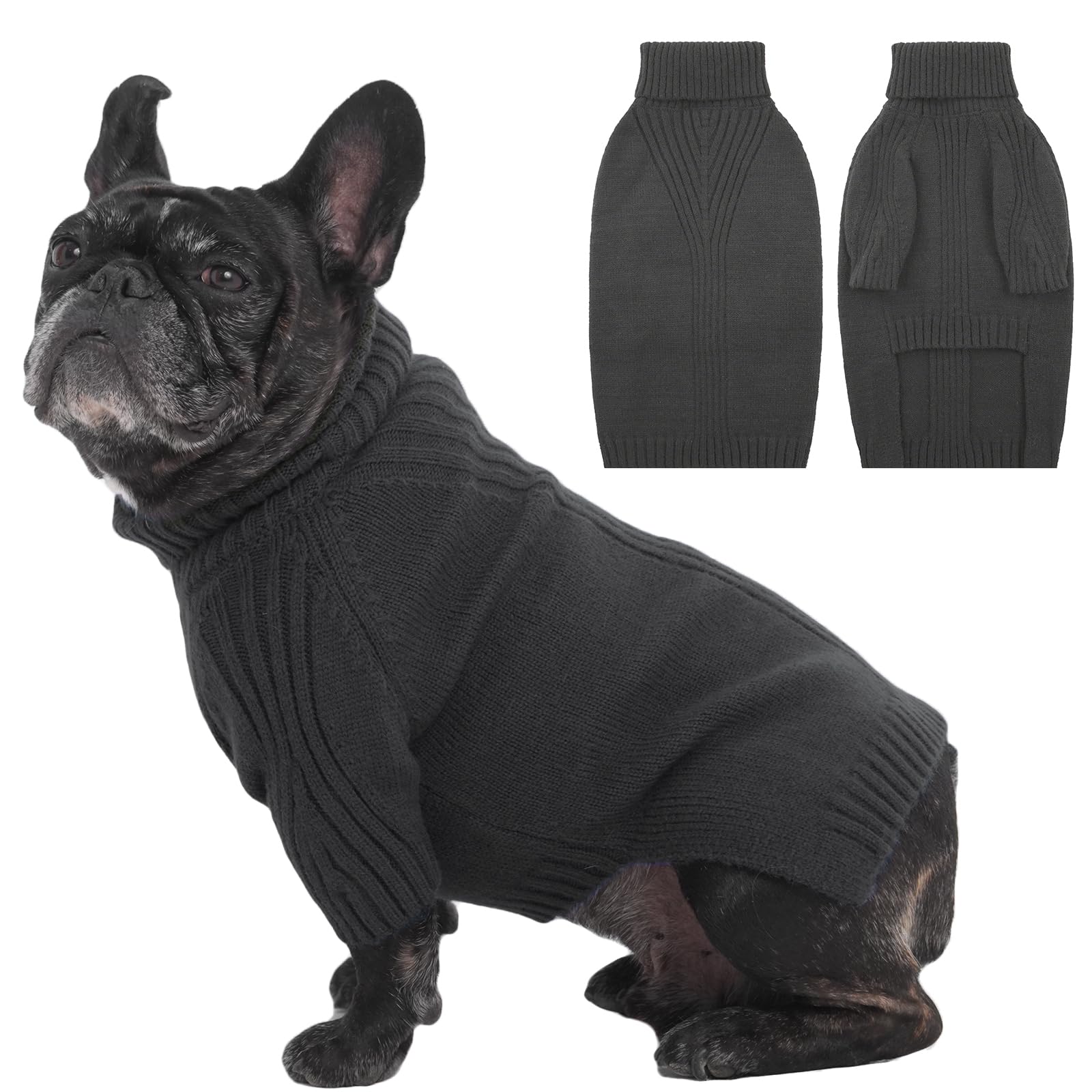 Pull en tricot pour bouledogue français chaud avec manches et col roulé épais
