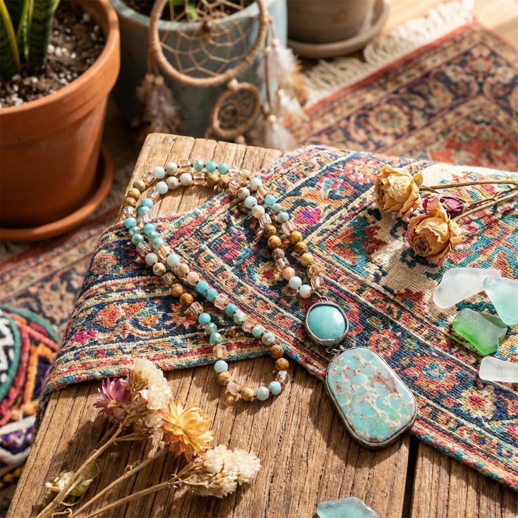 Boho Long Natural Stone Beads Pendant Necklace Crystal Hand Knotted Jewelry for Women