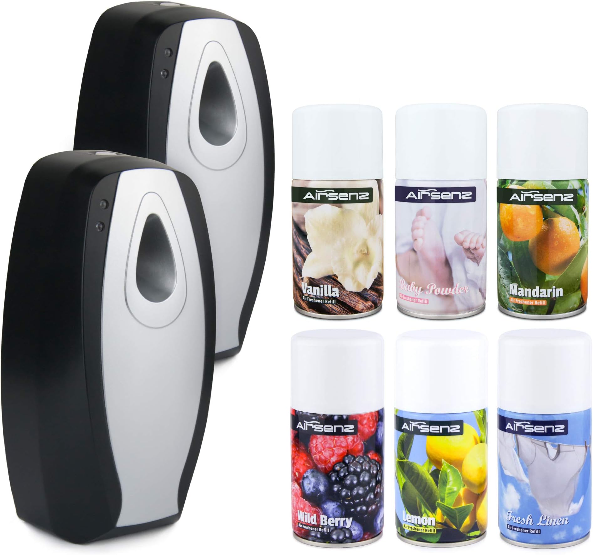 AIRSENZ Air Freshener Automatic Dispenser Home Complete Set - 270ml Aerosol Spray Refill Cans - 6 Mixed Fragrances - Black Dispensers