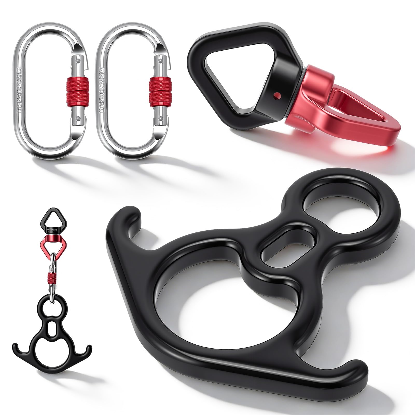 Rotule Pivotante 360° Kit Complet, 30kN Rotule + 50kN Anneau 8 Cornes + 2x25kN Mousquetons, Articulation Pivotante Roulement à Billes pour Soie Aérienne Yoga Escalade Balançoire Hamac, Noir Rouge