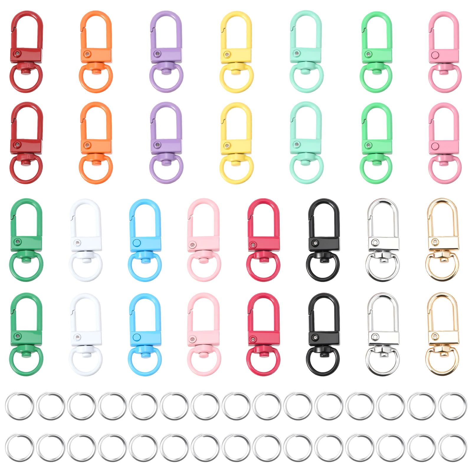 Guduling 60pcs Keyring Clasp, Colorful Metal Lobster Claw Clasps and 0.4 in Opening Rings, Colorful Keyring Clips, Swivel Key Chains for Craft, Jewelry, Backpack Charm, DIY (1.24x0.44 in)