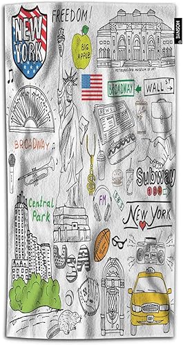 HOSNYE Toalla de mano New York City Doodles para baño, estatua de la libertad, Broadway, café, museo, Central Park, toallas suaves absorbentes para