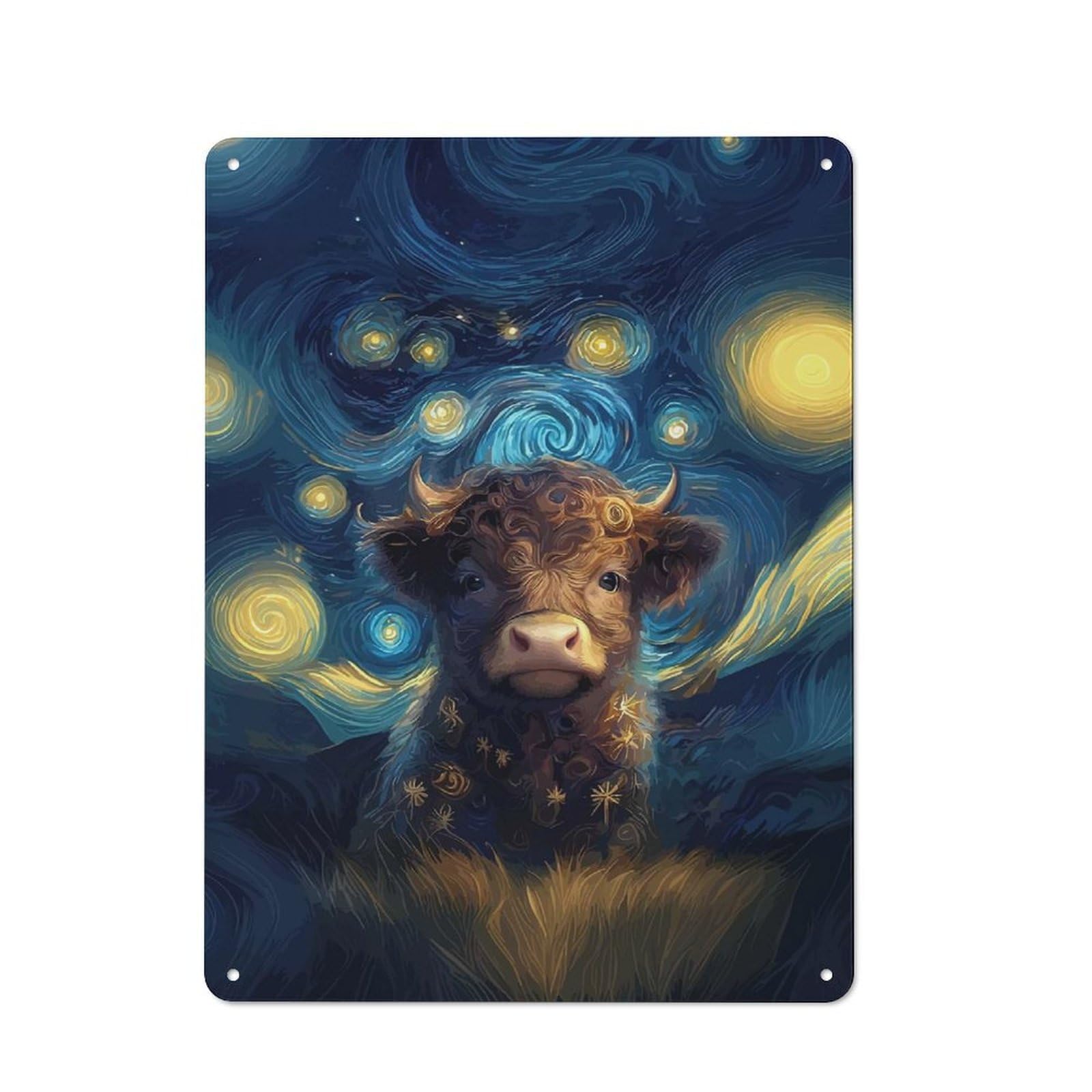 Starry Night Highland Cow Farmhouse Metal Sign 40x30cm, Barn Style Rustic Kitchen Decor for Cottage, Kitchen, Hallway Or Breakfast Nook
