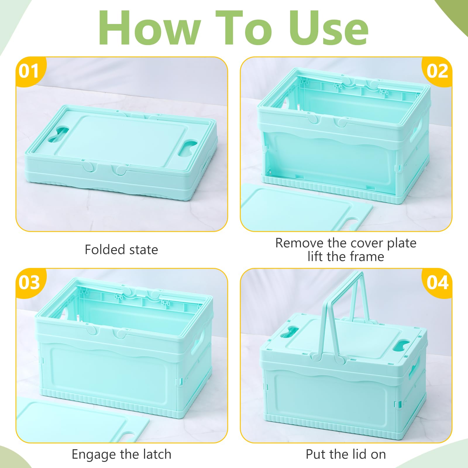 4 cajas de almacenamiento plegables con tapas, cestas de plástico plegables apilables de plástico para el hogar, cocina, oficina, baño, dormitorio, picnic (rosa, verde, azul, amarillo)