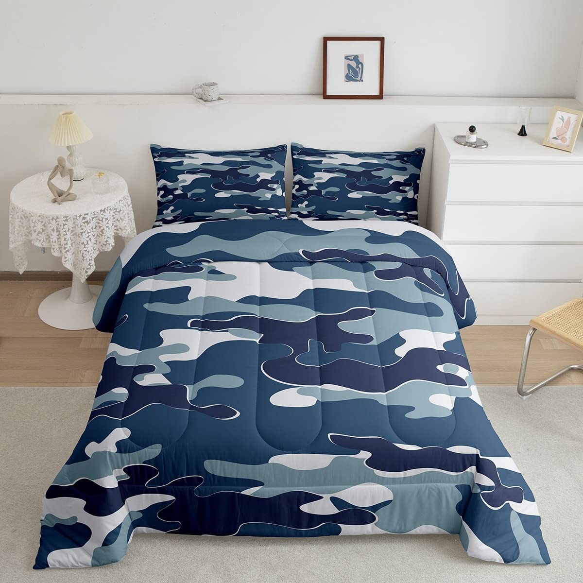 Army Camouflage Bedding Set Teens Camo Cute Duvet Insert for Kids Boys Girls Colorful Art Duvet Set Blue White 3Pcs Bedding Double