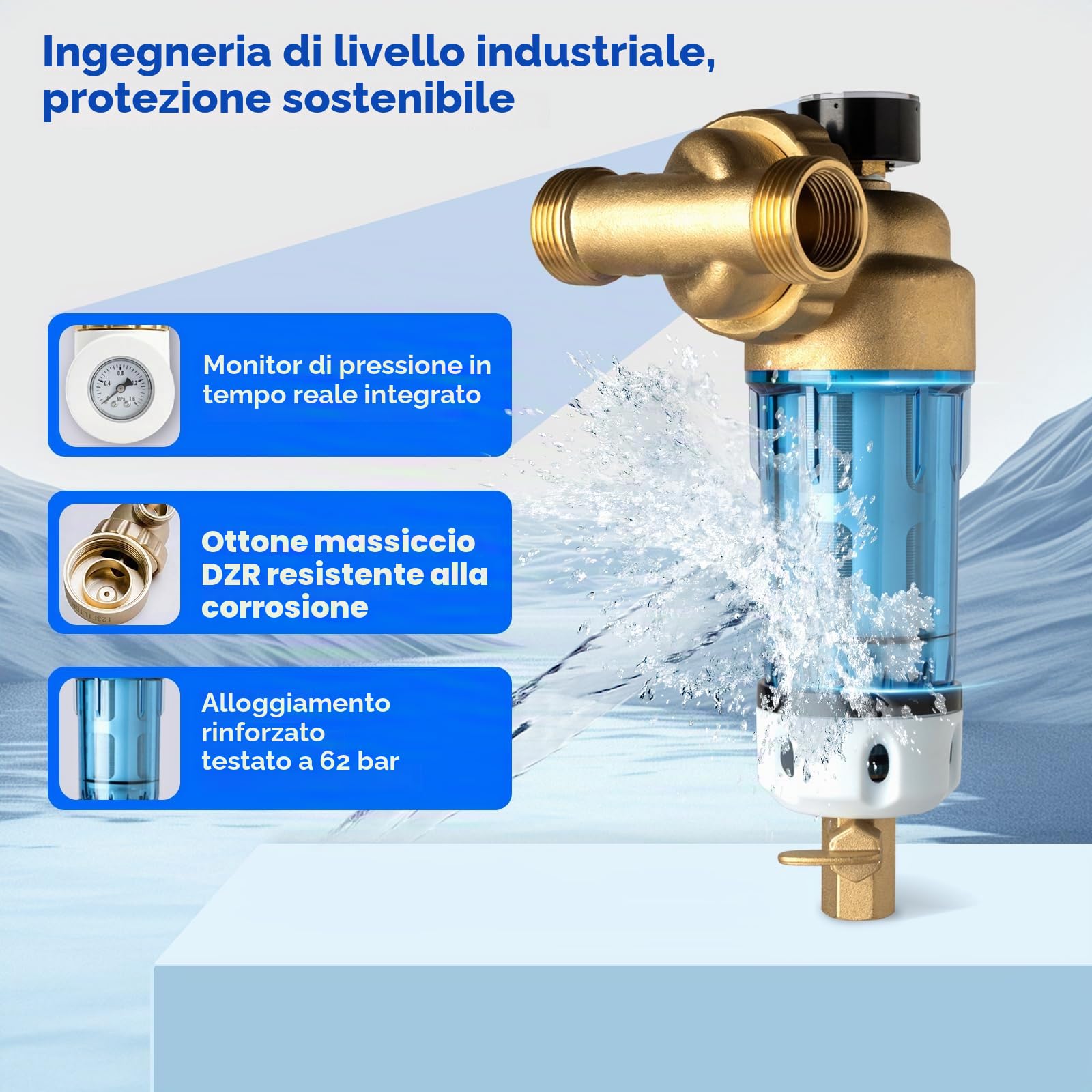 iSpring WSP50GR-E Filtro per l'acqua a Sedimenti Spin-on Riutilizzabile, 50 Micron con Raschietto Incorporato, Testa Girevole a 360°, Manometro, Blu
