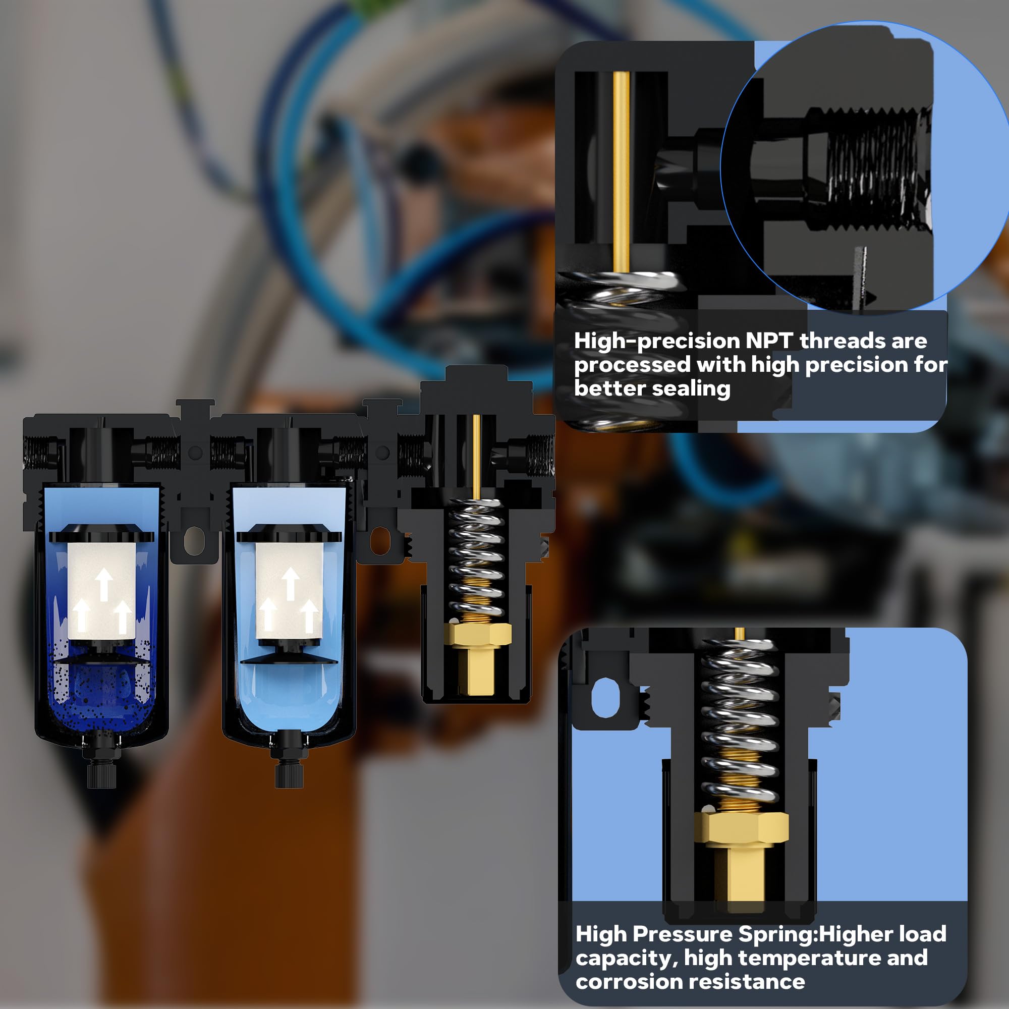 1/5.1 cm NPT Air Water Sepatator do sprężarki powietrza, regulator ciśnienia powietrza z manometrem, podwójny system suszenia do pistoletów natryskowych, półautomatyczny odpływ, metalowy wspornik