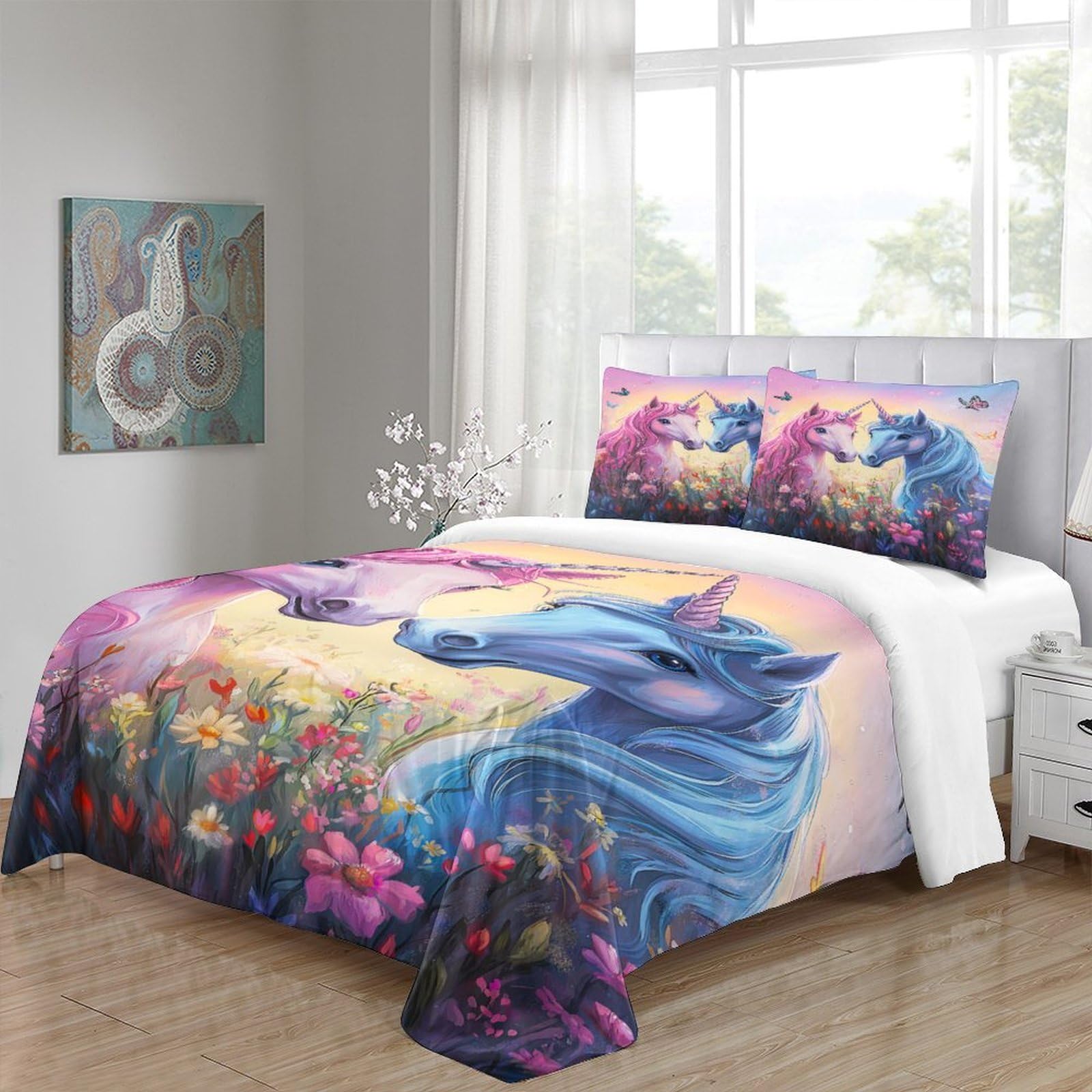 Einhorn-Pärchen 3D-Bedruckt 3er-Set Bettbezug Fantasy Kuschelbezug Mikrofaser Reißverschluss Hypoallergen für Kleinkinder Jugendliche Mädchen Super King（260x220cm）