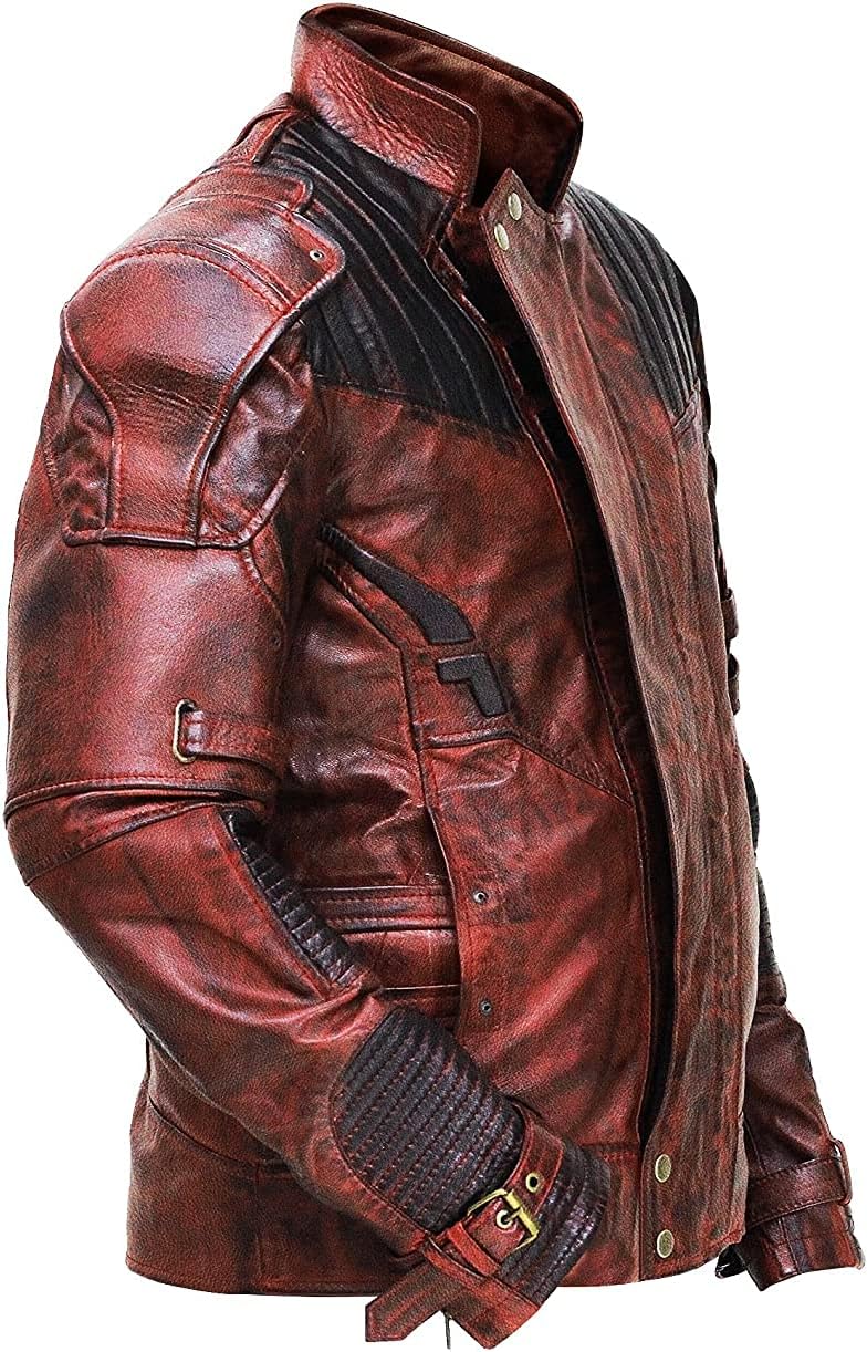Men's Star Halloween Cosplay Costume Distressed Maroon Faux Leather Biker Coat