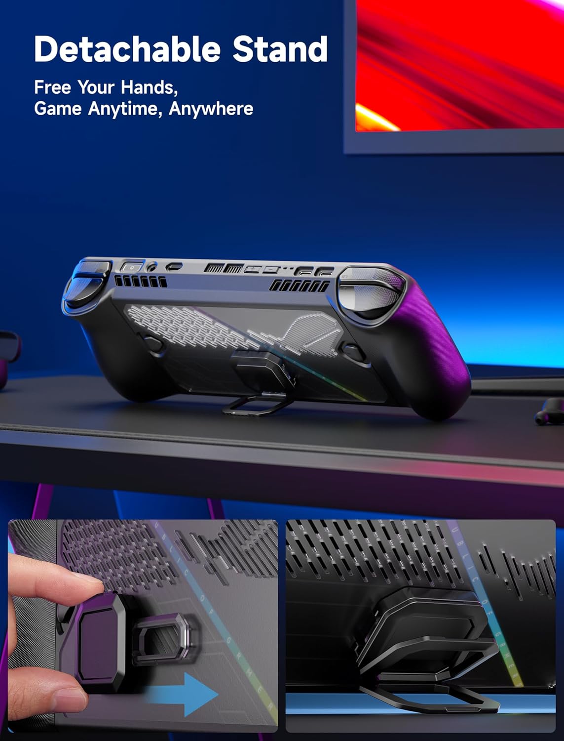 JSAUX ModCase for ROG Ally, PC0109 Protective Case with Detachable Front Shell, Kickstand Back Cover, and Long & Short Hook-and-Loop Straps – Basic Set