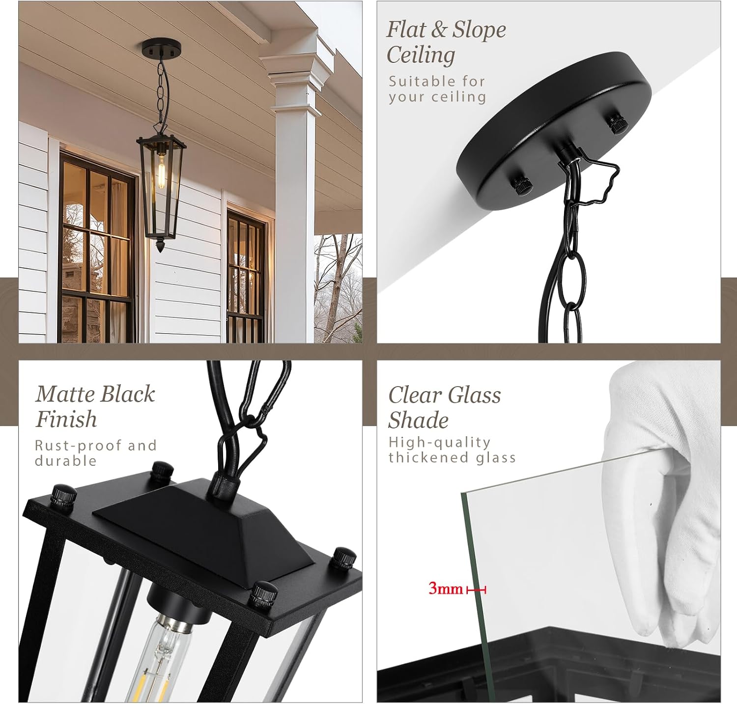 Outdoor Pendant Lights for Porch, 16" Black Outdoor Pendant Light with Clear Glass, Modern Hanging Porch Lighting Fixtures with Adjustable Chain for Gazebo Foyer, OS-OD2615-1HM