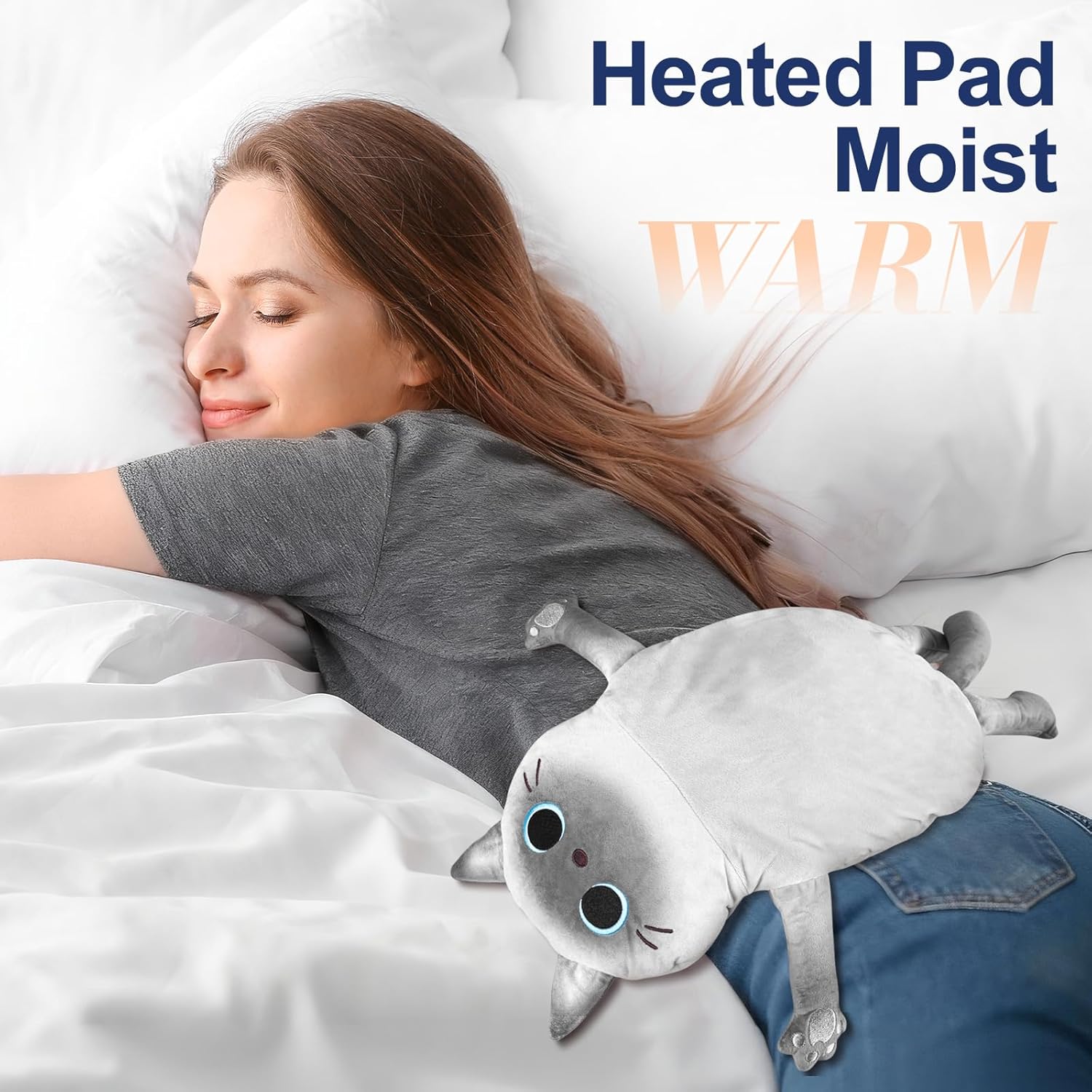 Microwave Heating Pad for Cramps Pain Relief, 22 * 13'' Moist Microwavable Stuffed Animal Period Menstrual Heating Pads for Back, Neck Shoulder and Knee, Big Siamese Cat - Image 6