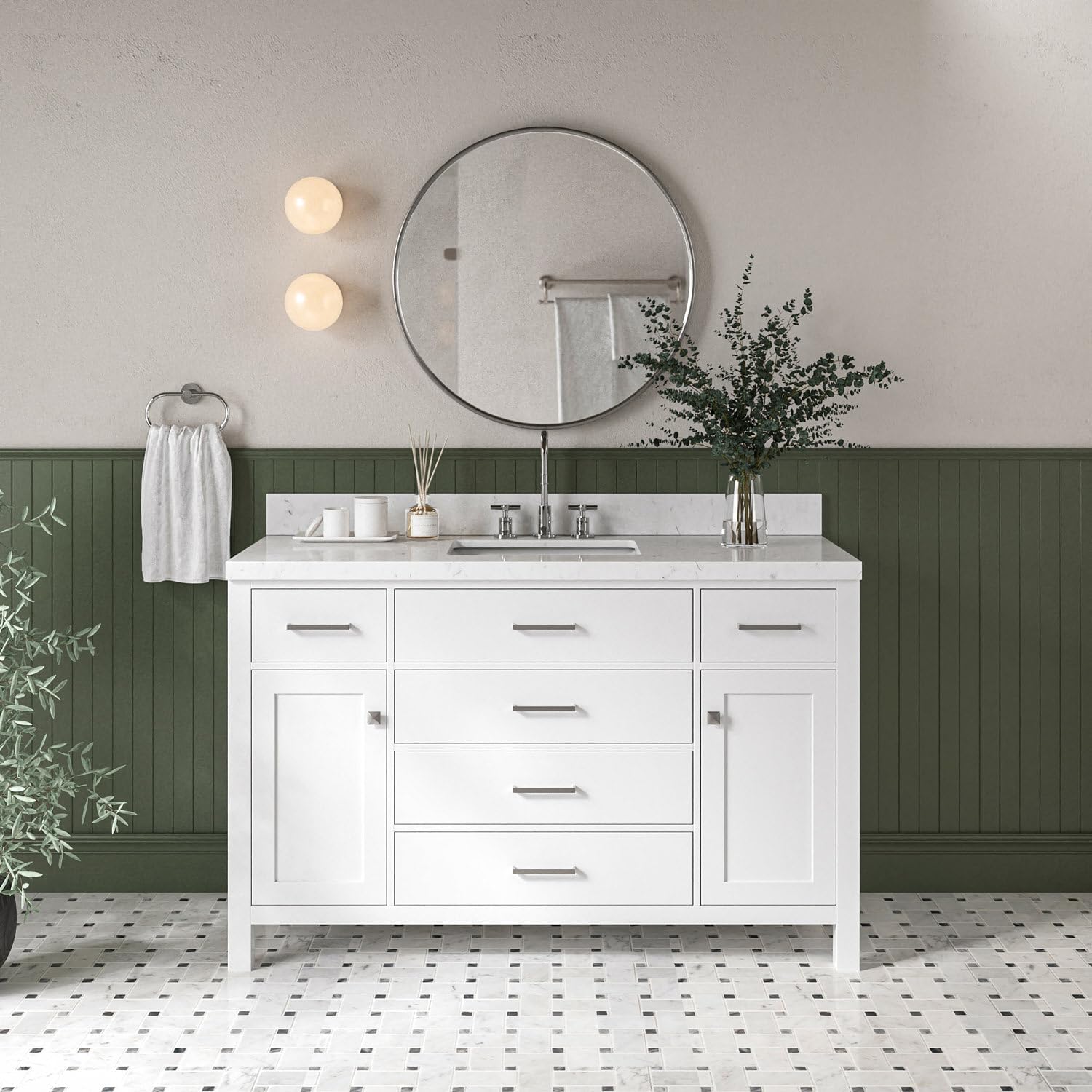 DKB Alenza 54" White Bathroom Vanity with Sink, 1.5" Carrara Quartz Countertop, Single Rectangular Undermount Sink, 2 Soft Closing Doors, 5 Full Extension Dovetail Drawers, Brushed Nickel