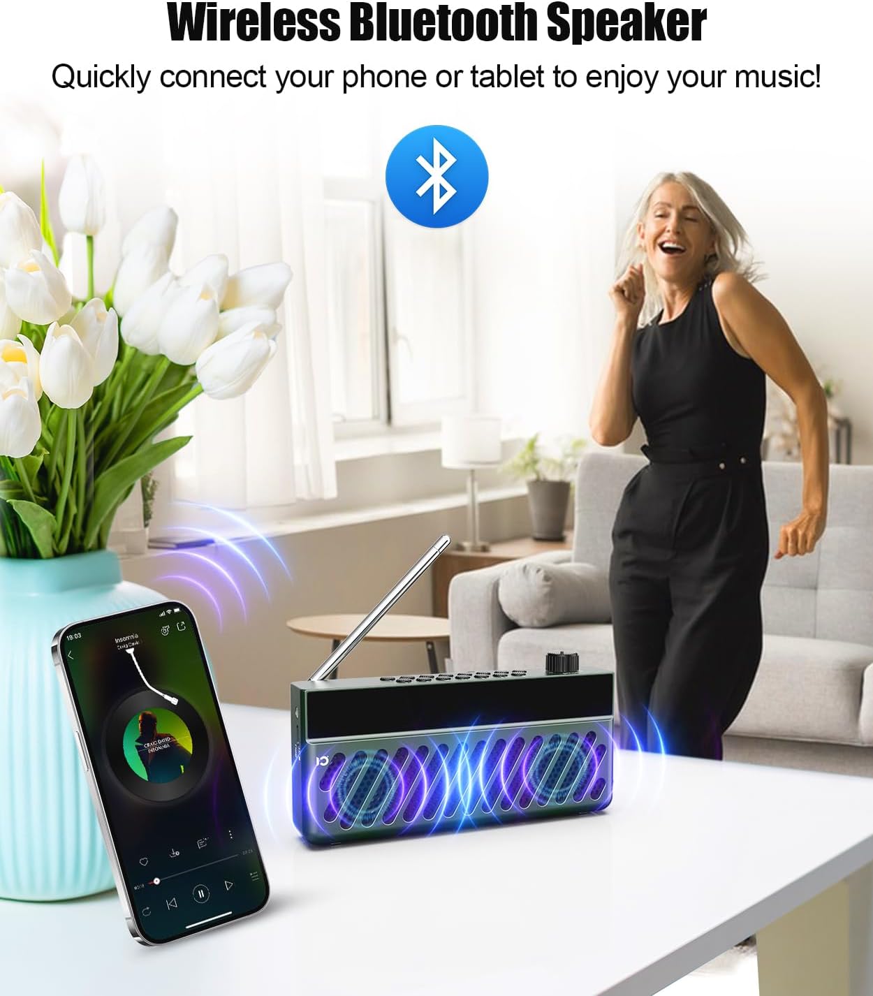 SHIDU F8 Portable FM Radio functioning as a Bluetooth speaker