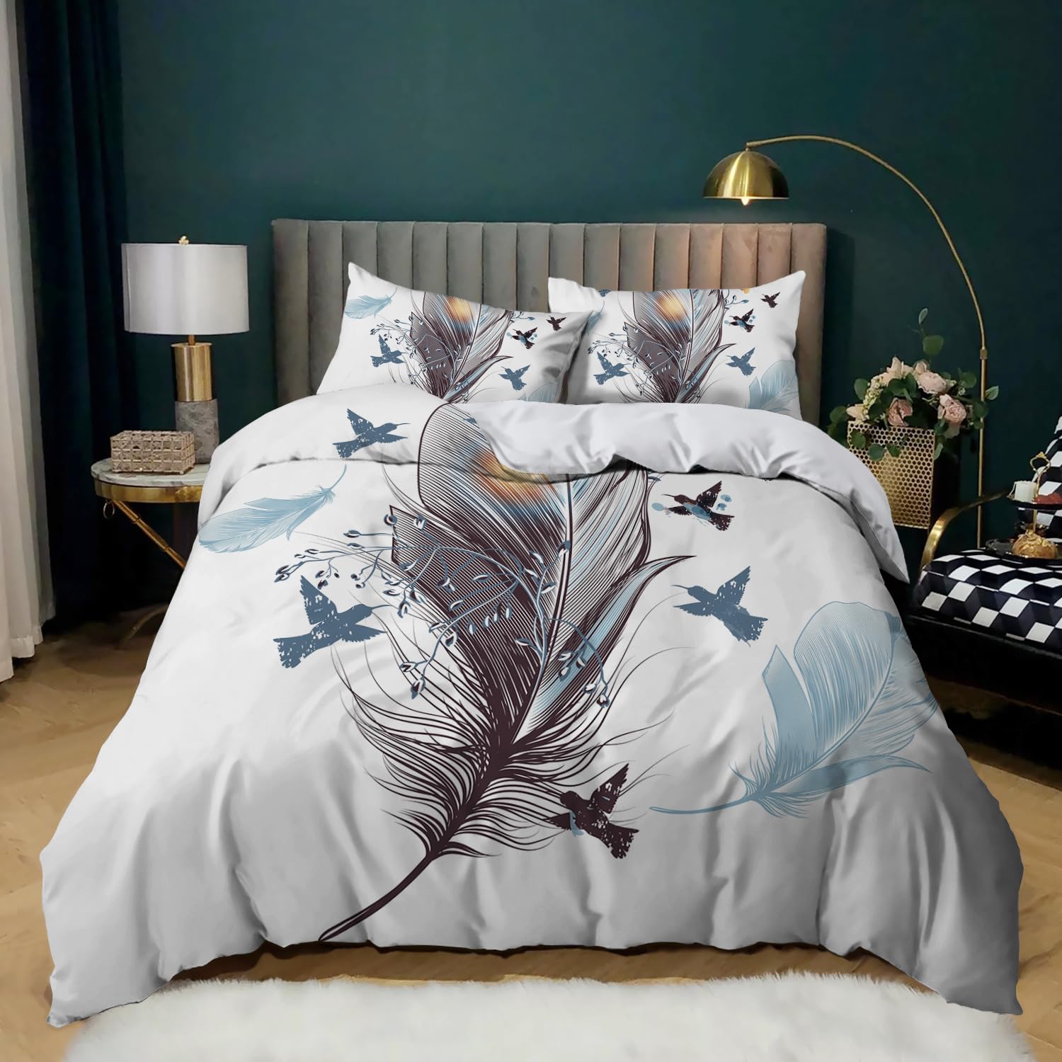 Housse de couette 260x240 anti-plis literie oiseaux parure facile à laver