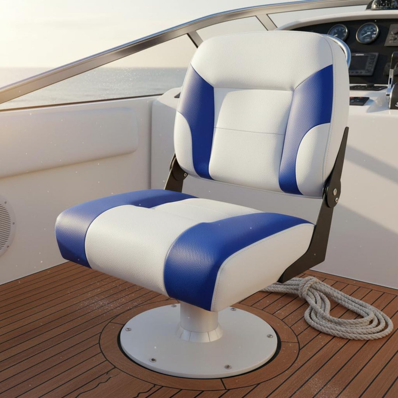 Sedile Barca Pieghevole Sedia Timoniere Nautica Schienale Alto Imbottito Rivestimento in PVC Facile da Pulire per, Grigio, Bianco, Pieghevole, Grigio E Bianco