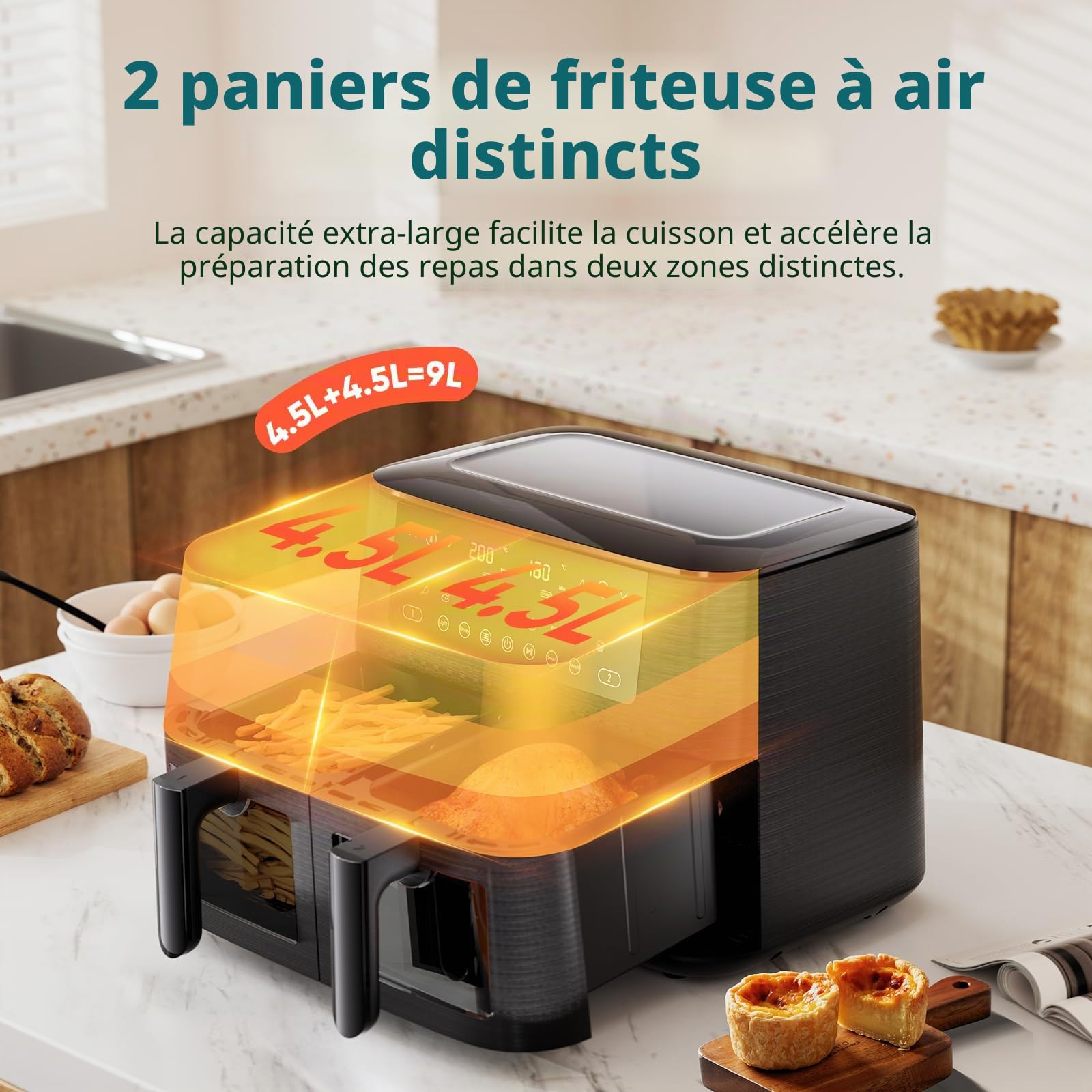 Friteuse à air double zone pour un usage domestique, friteuse à air numérique de 9 litres avec technologie d'air rapide pour une cuisson saine sans huile et à faible teneur en matières grasses