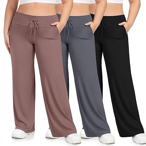 HLTPRO 3 Pack Lounge Pants Women Plus Size Wide Leg Pants Woman with Pockets Casual Pajama Palazzo Black Pant for Yoga - Two Pocket - 4X-Large - C-black/ Dark Grey/ Beige Pink