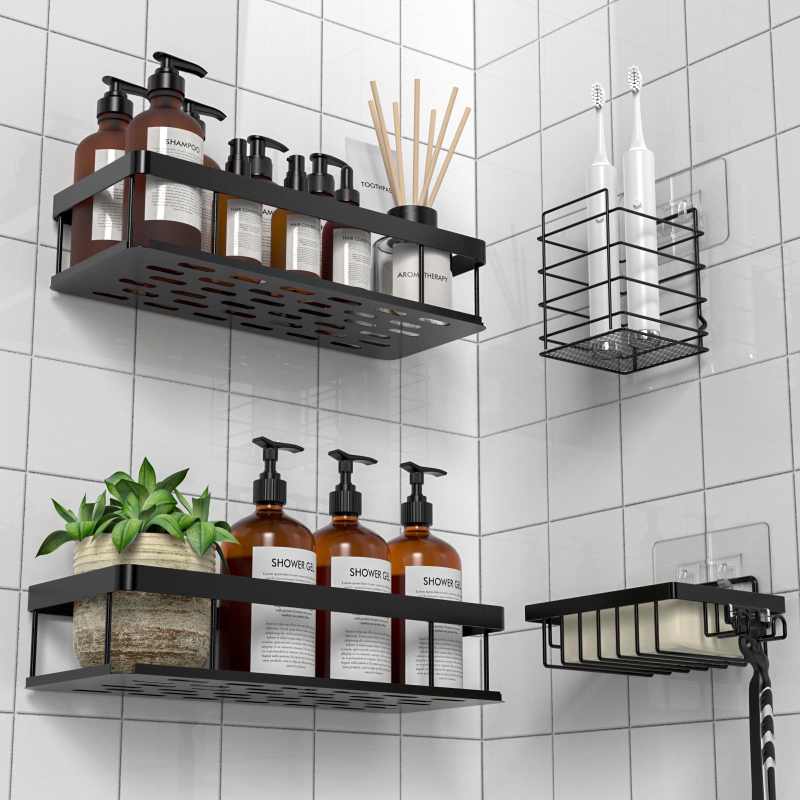 Shower Caddy, Shower Shelf No Drilling, Bathroom Storage for Shampoo, Black (with soap dish and toothbrush holder)