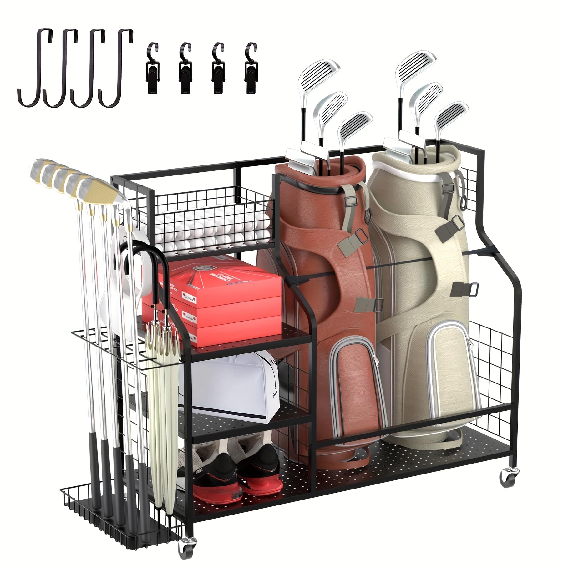Golftaschen-Regal für Garage - Golfschläger-Halter Ständer extra groß, passend für 2 Taschen & Outdoor-Spielzeugaufbewahrung
