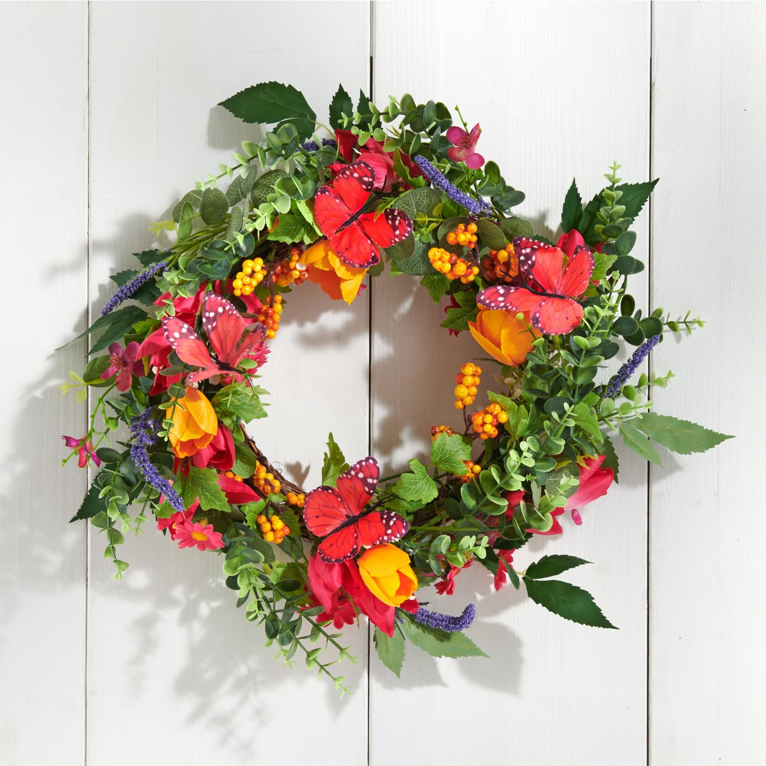 Eldo® Couronne de porte de printemps Ø 35 cm – Couronne de fleurs artificielles avec tulipes et papillons – Idéale comme décoration de fenêtre, murale et de table – Réaliste et intemporelle – Attire