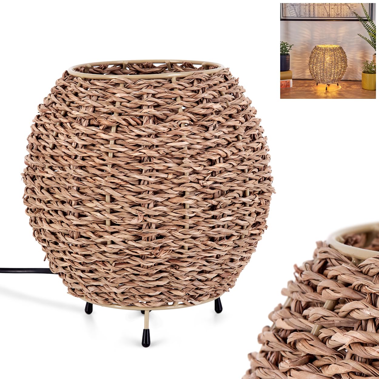 Lámpara De Mesa Boho Con Pantalla De Ratán Y Algas - Beige/natural - 16,5 Cm Altura, E14