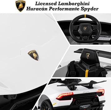 Licensed Lamborghini Huracan Ride on Car by OLAKIDS, 12V Kids Electric Vehicle with Remote Control, Toddlers Battery Powered Toy with 2 Speeds, Wheels Suspension, Music, Bluetooth, USB, FM (White)