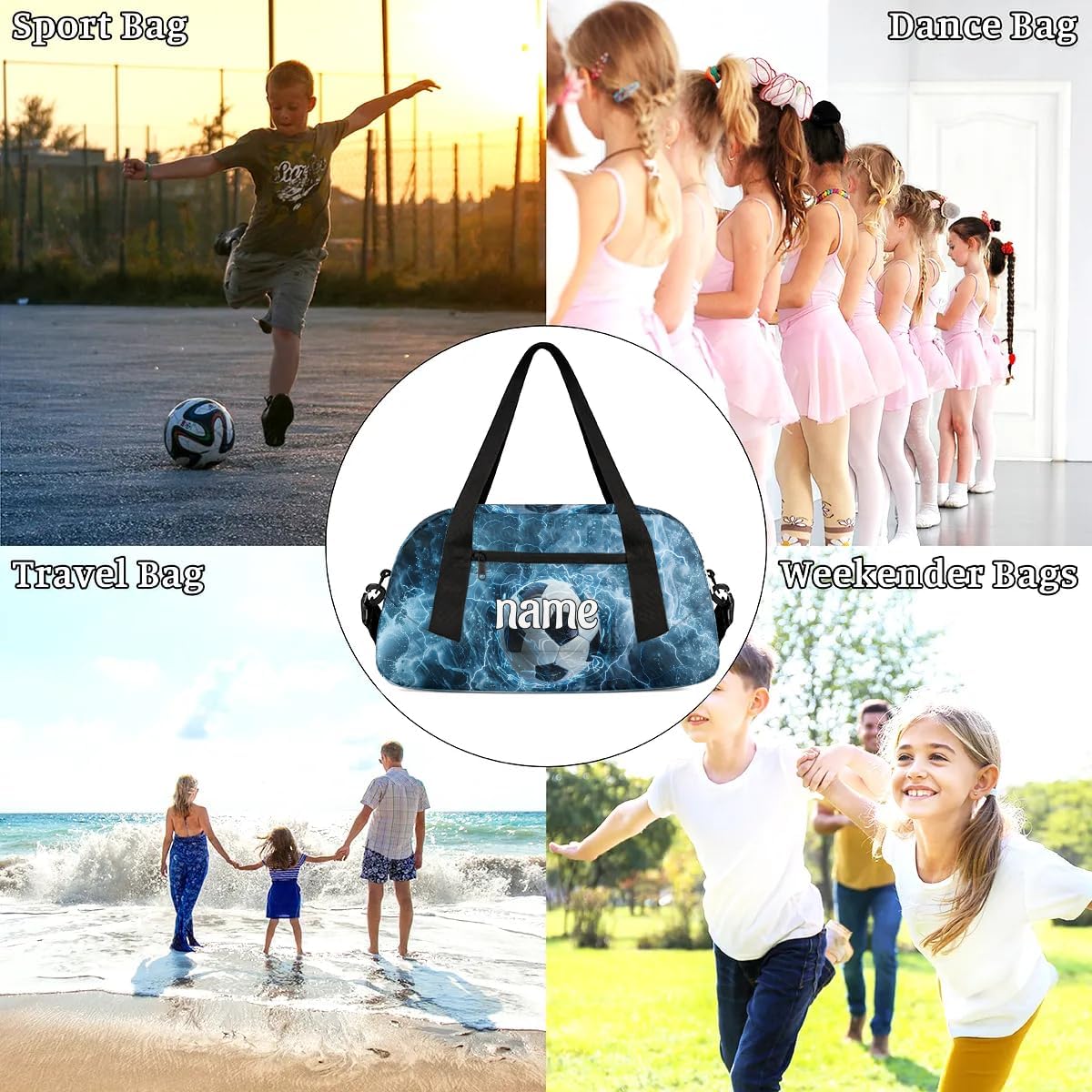 Water Lightning Soccer Custom Name Kids Duffle Bag for Boys, Personalized Sports Gym Duffel Lightweight Water Resistant Foldable Sports Gym Bag Weekender Overnight Sleepover Carry On Travel Bag