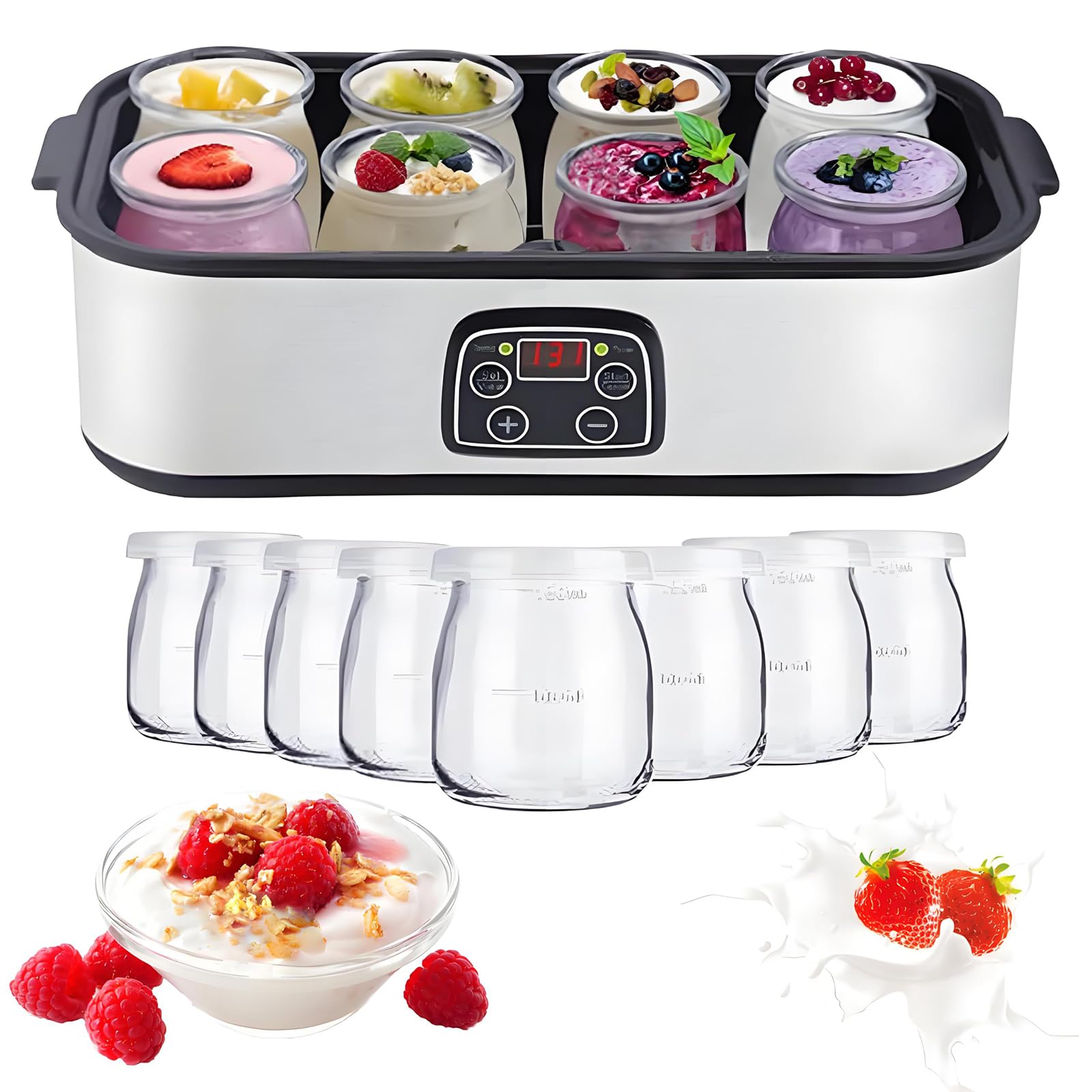 Yogurtiera con 8 vasetti in Vetro, per Yogurt probiotico | Temperatura regolabile e timer da 48 ore; ideale per preparare yogurt biologico, natto e dessert fatti in casa