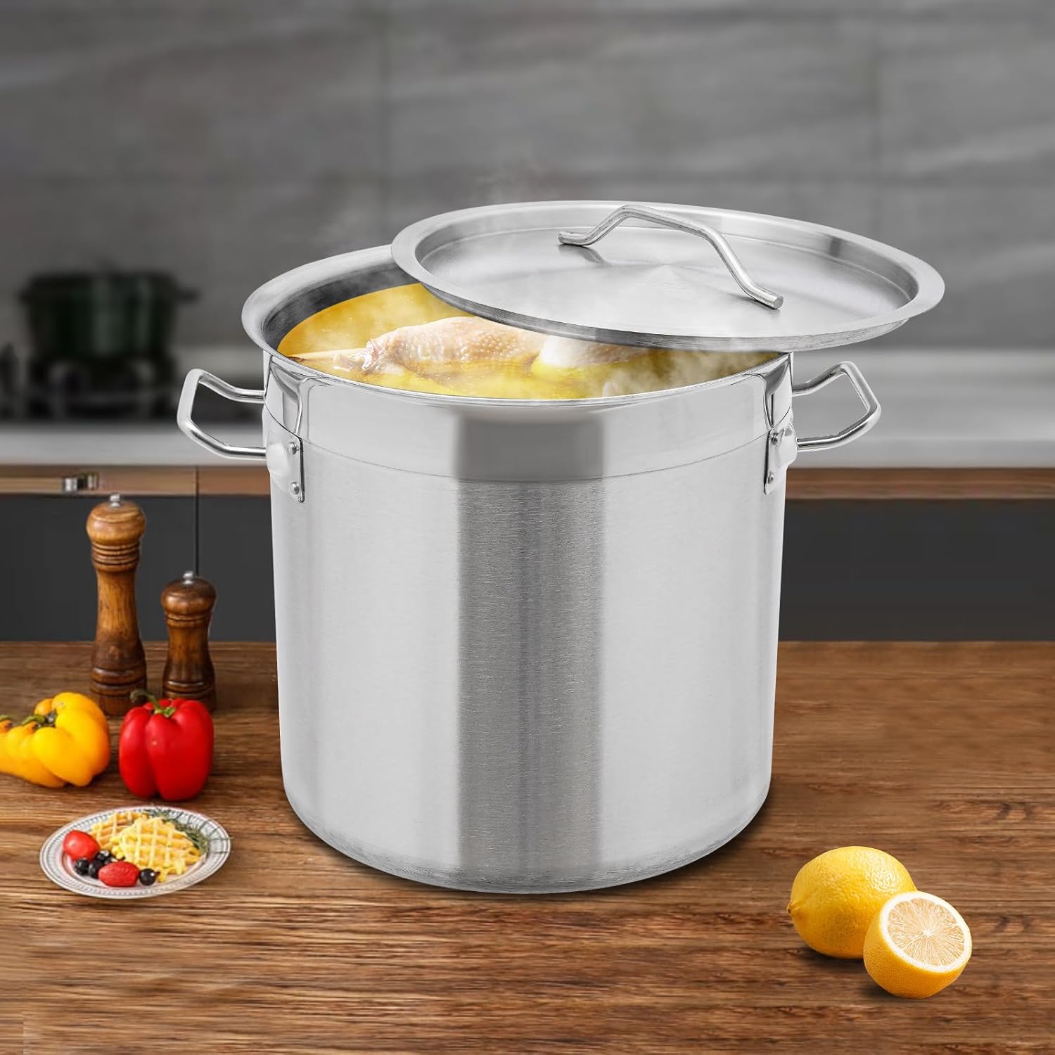 Commercial Grade Large Stock Pot, 4Gal Large Capacity Cooking Pot 201 Stainless Steel Soup Pot with Lid Heavy Duty Induction Stockpots for Seafood Cooking