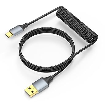 Coiled Keyboard Cable 5FT/1.5M for Gaming, Mechanical Keyboard Wire, All-in-one USB C Coiled Cord Nylon Braided, Gold-Plated, USB-C to USB-A