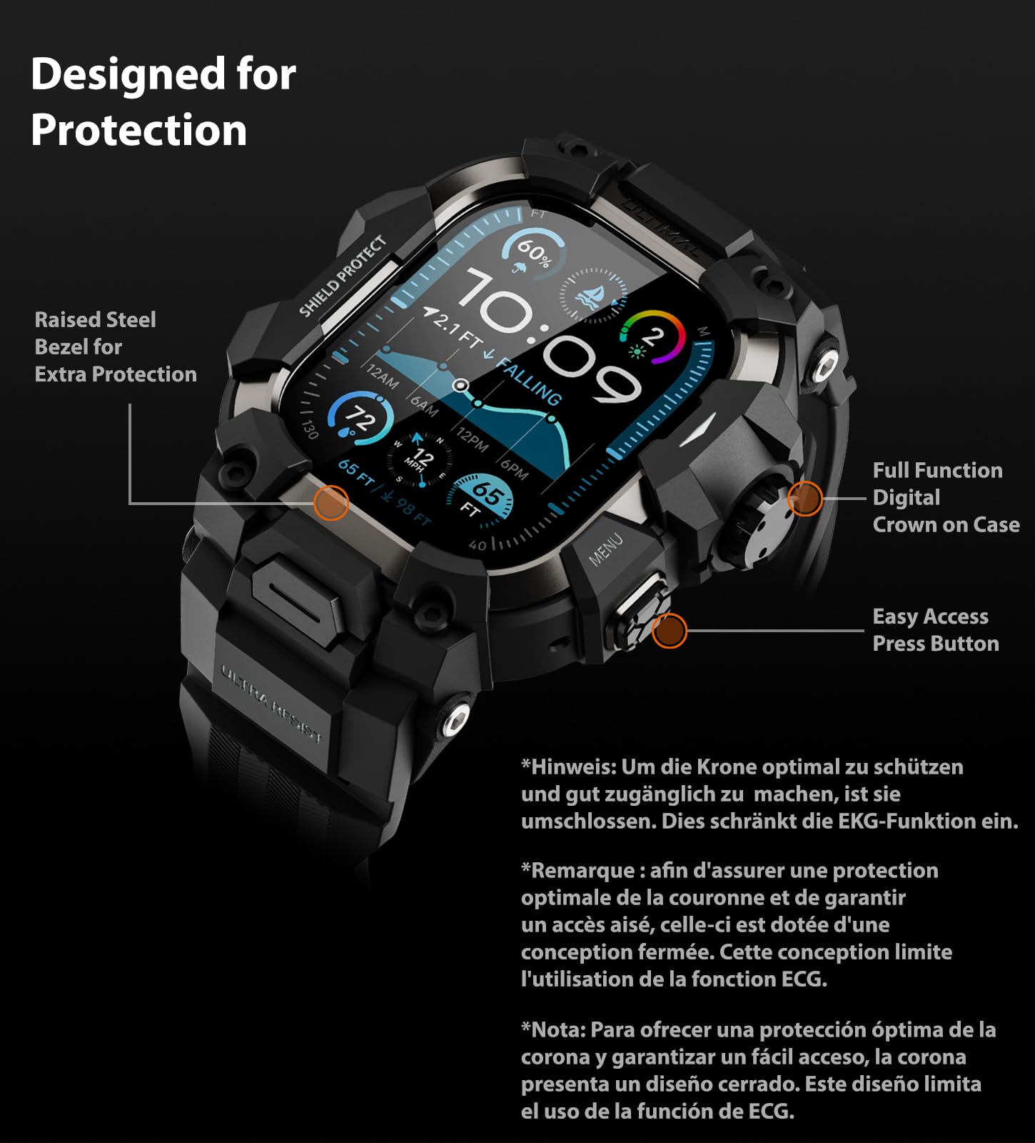 ULTIMAL Etui z paskiem i folią pancerną do Apple Watch 49 mm, 3 w 1, sportowy pasek do Apple Watch Ultra/Ultra 2, certyfikat wojskowy, odporny na uderzenia pokrowiec ochronny do iWatch