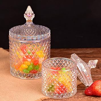 300ml Colorful Faceted Crystal Glass Candy Jar with Lid for Wedding | Aesthetic, dust-proof, reusable, trinket storage bowl for jewelry organizer, biscuit storage, wedding table decor