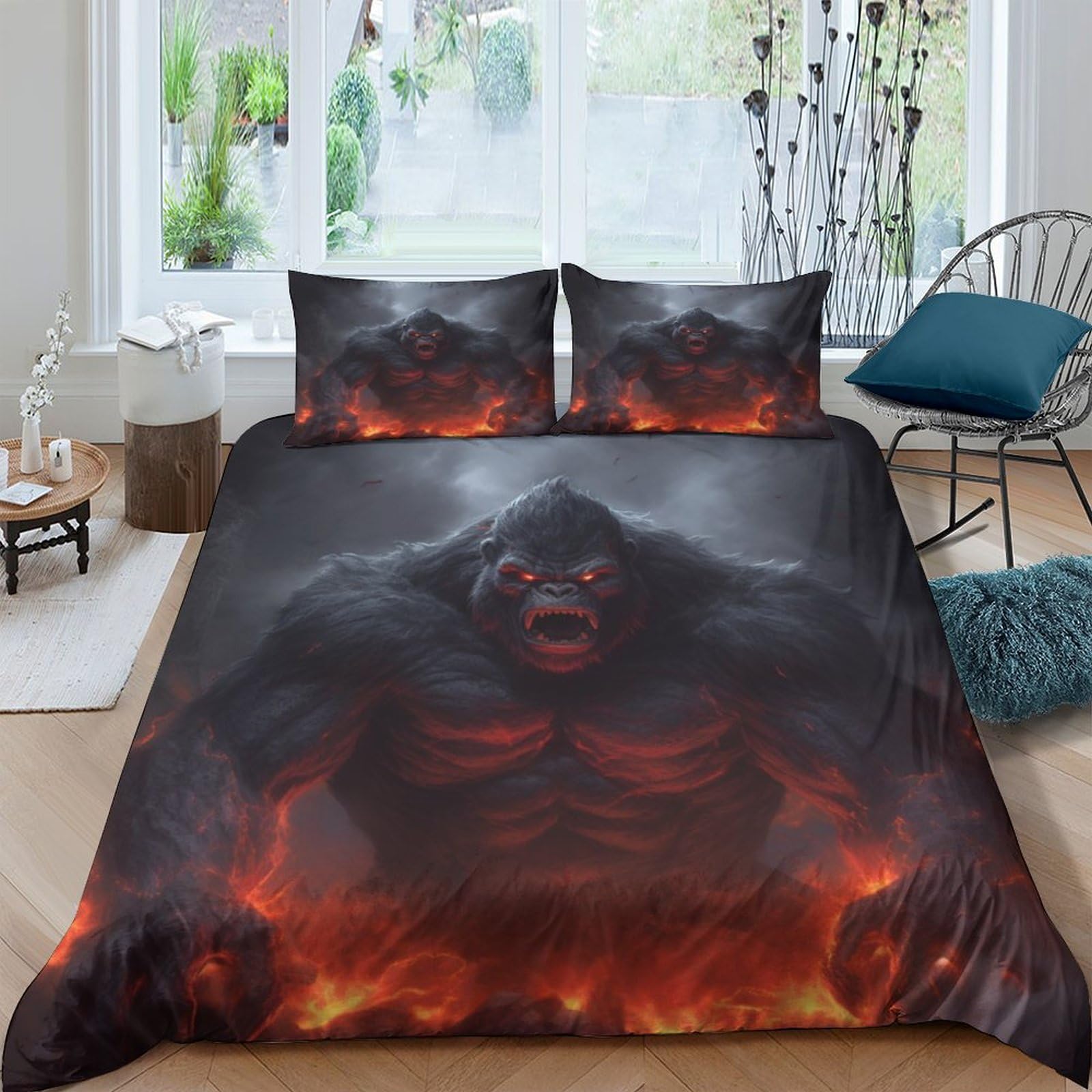Parure de lit gorille 220x240 cm avec housse de couette 3D et taies d'oreiller
