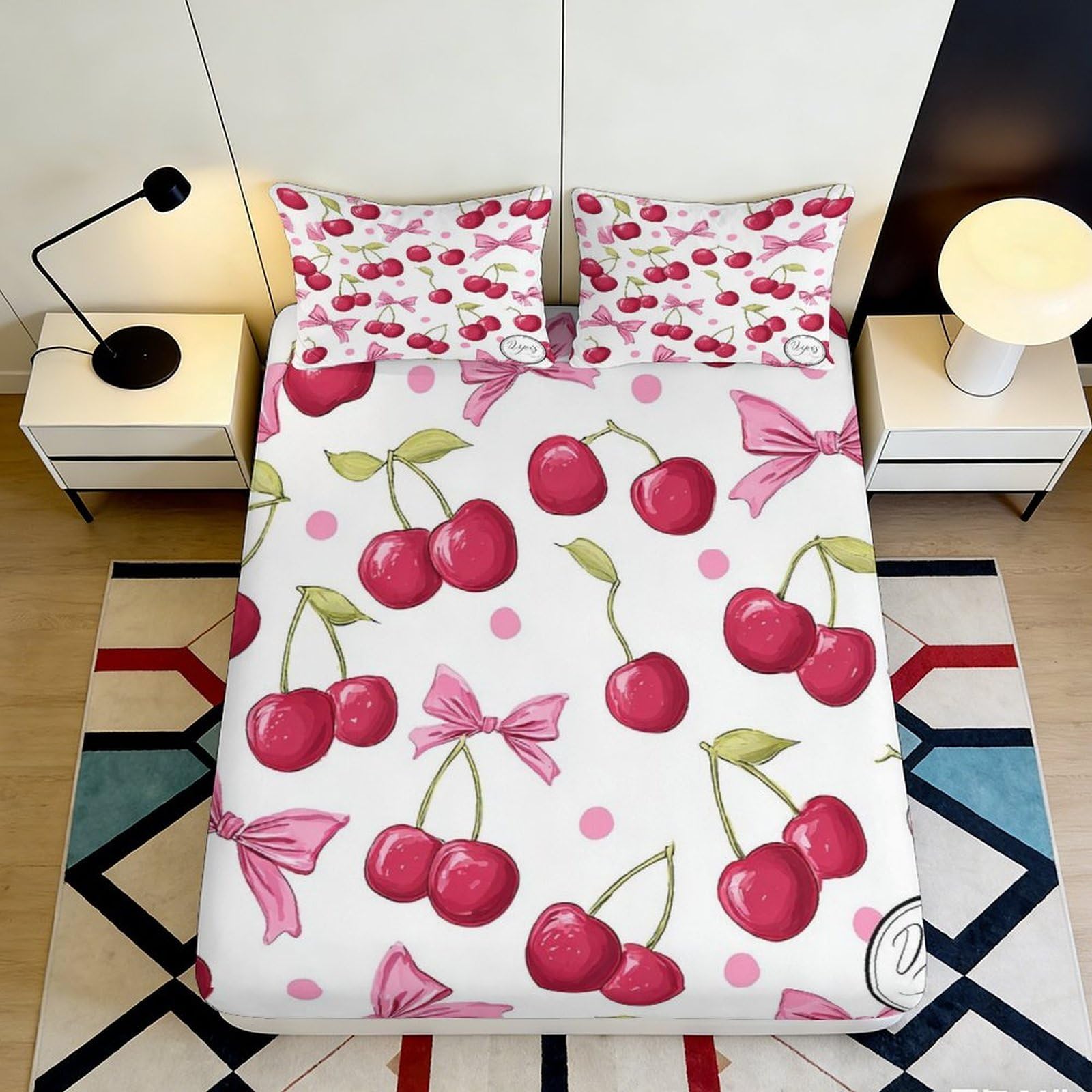 3D Printed Cherry Bow Fitted Sheet Microfiber Soft Breathable Fruit Pattern Bed Cover for Bedroom Dorm Decor 90x200x25cm