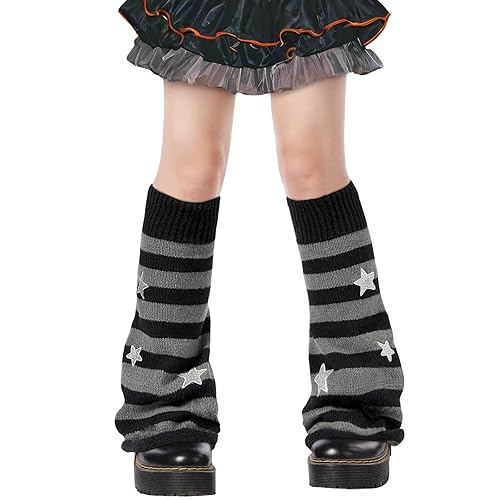 Leg Warmers for Girls Women Kawaii Harajuku Leg Warmers Cute Knitted Leg Warmers Goth Lolita - Black & Grey Star