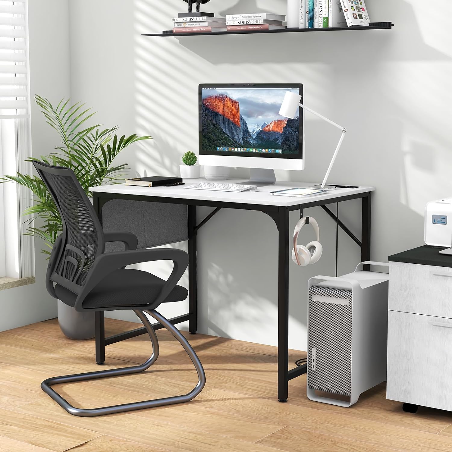 Tangkula Conference Table Set of 2, Modern Boardroom Desk with Storage Bag, Headphone Hook, Sturdy Metal Frame, Rectangular Seminar Table with Charging Station (2, White)