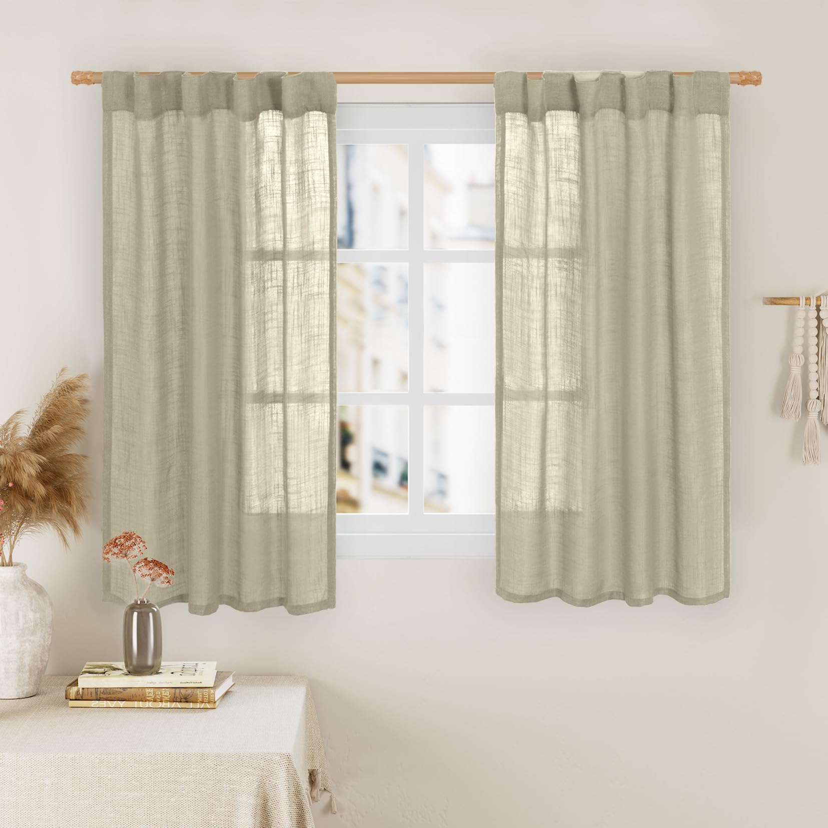 LAMIT Linen Curtains 48 Inch Length Semi Sheer Light Filtering 2 Panels