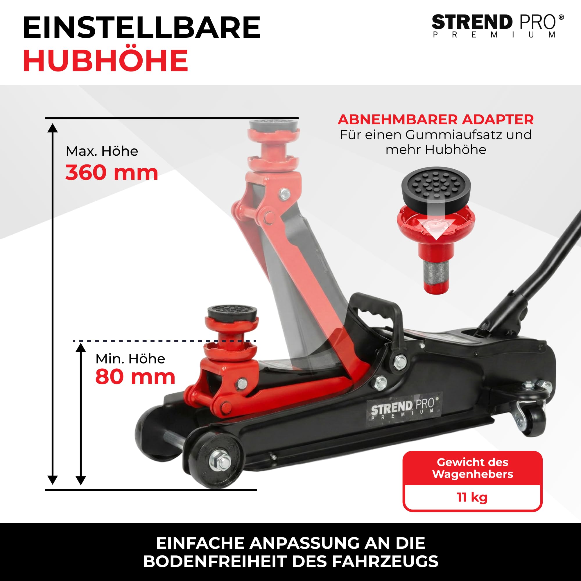 STREND PRO Premium Rangierwagenheber 2,5 t, hydraulischer Wagenheber flach, 80-360 mm Hubhöhe, fahrbar, mit Gummiadapter, niedrige Bauform für PKW
