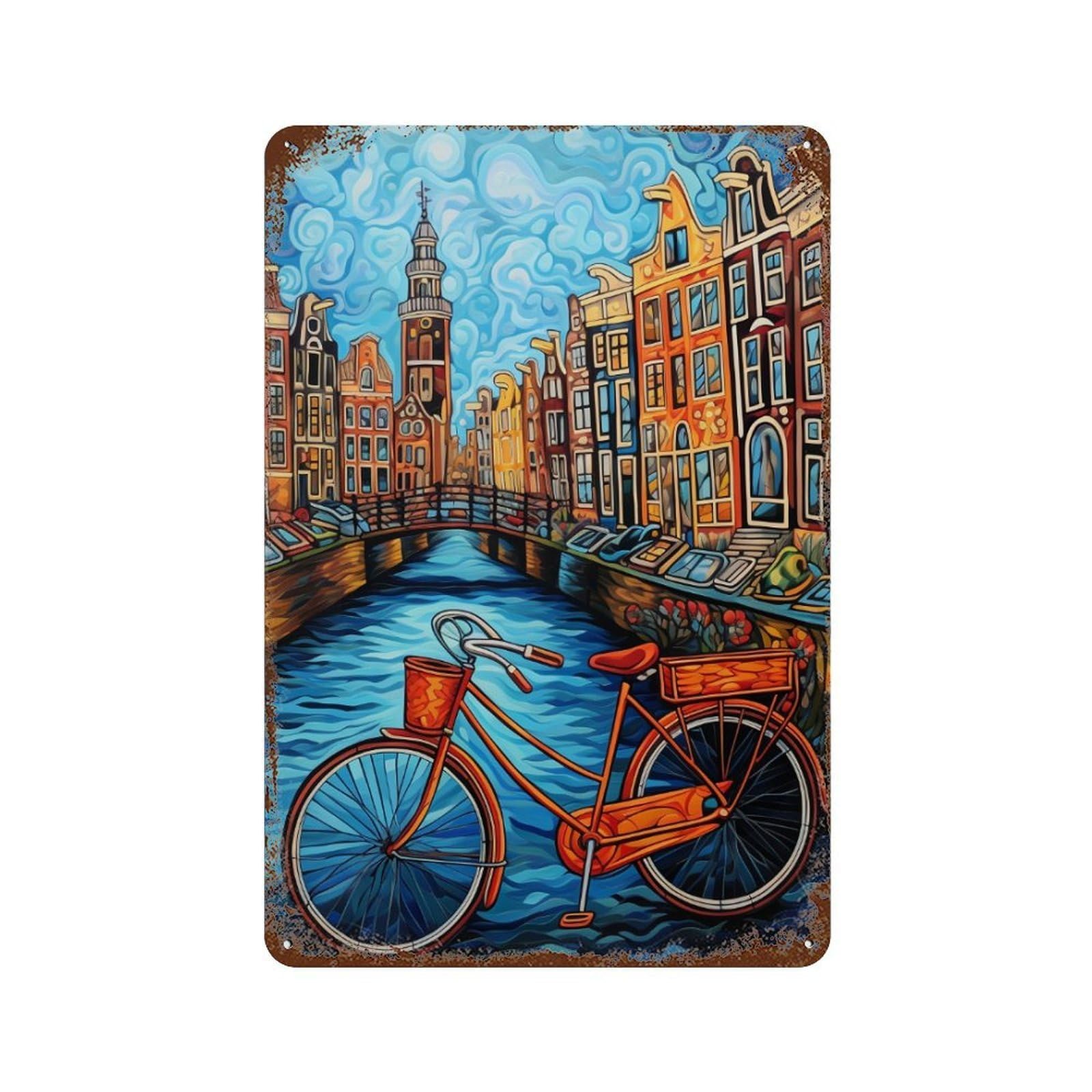 Amsterdam Canal Bicycle Scene Vintage Metal Tin Sign 11.8"x7.9", Farmhouse Wall Decor for Patio, Garden Room And Bar Decor
