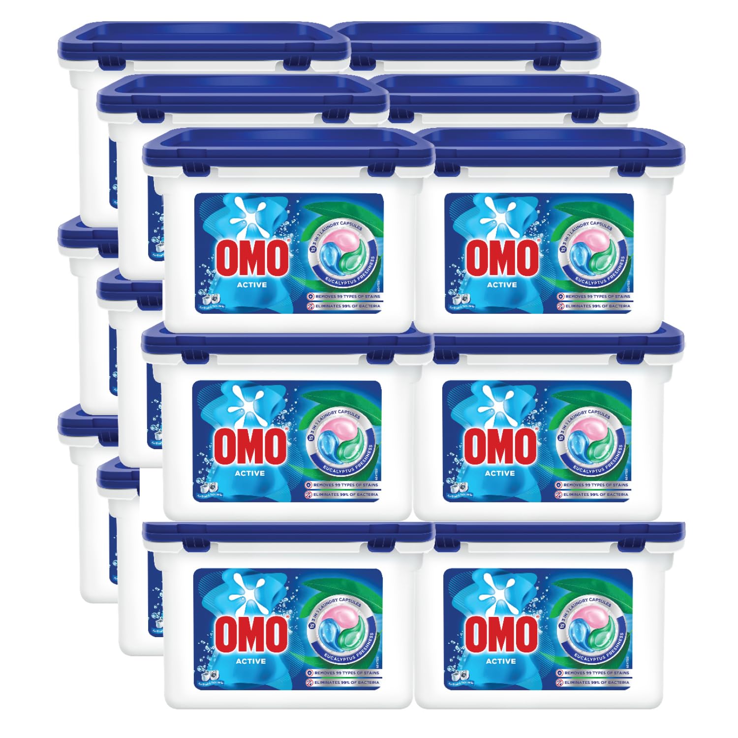 OMO Active 3in1 Laundry Capsules, Eucalyptus Freshness, Removes 99 Types of Stains, 15 Capsules x 18