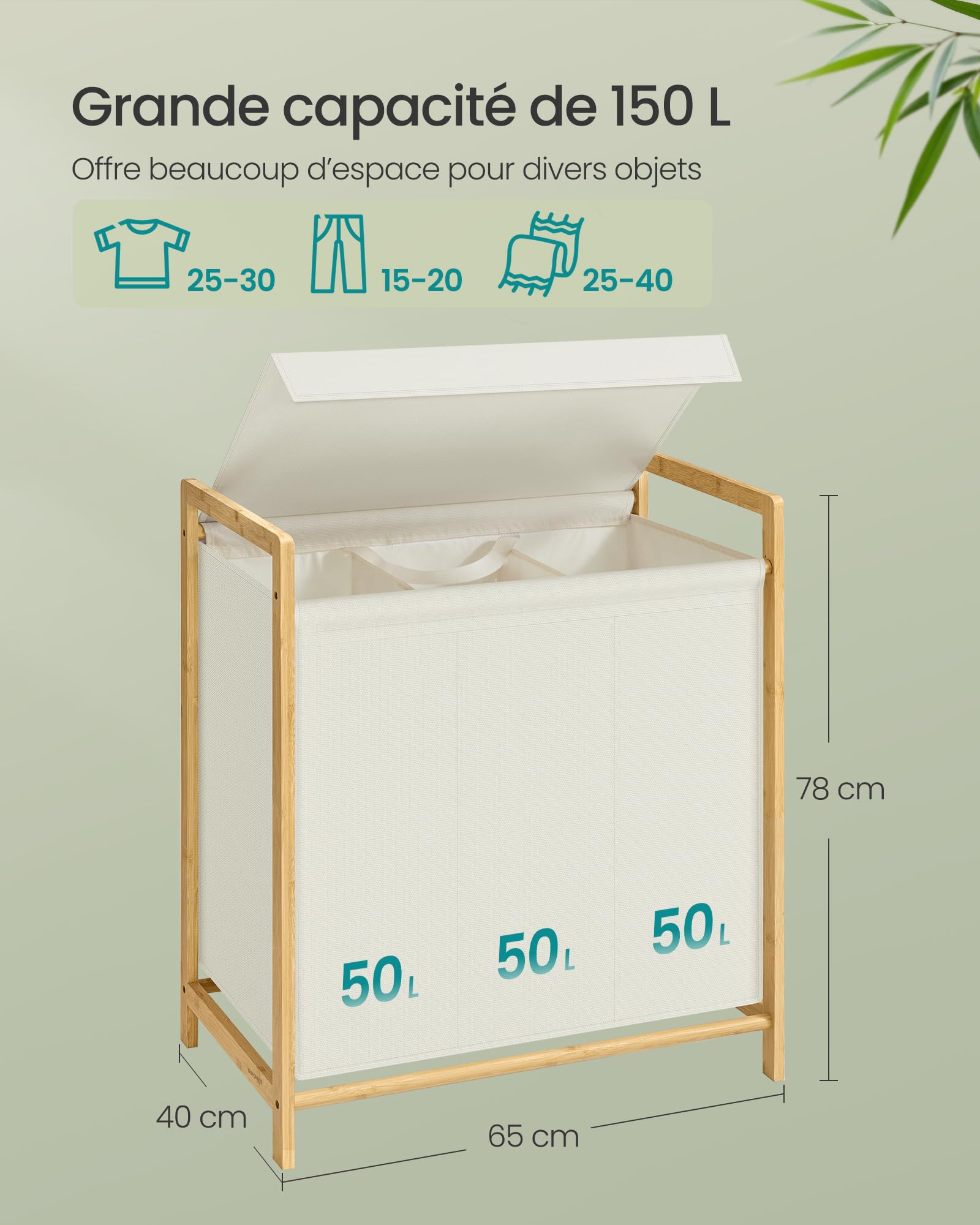 SONGMICS Panier à Linge 3 Compartiments, Corbeille à Linge Sale, Structure en Bambou, Couvercle Renforcé et Amovible, Sac Amovible, 150 L, Blanc Crème RLH103WD01