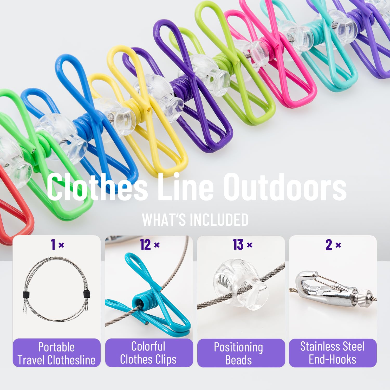 Retractable Travel Clothesline, Prefdo Adjustable 3-10Ft Steel Wire Rope with 12 Clothespins 13 Positioning Clips, Anti-Sag (30lbs), Portable for Outdoor Camping Hotels RV Cruise Ship